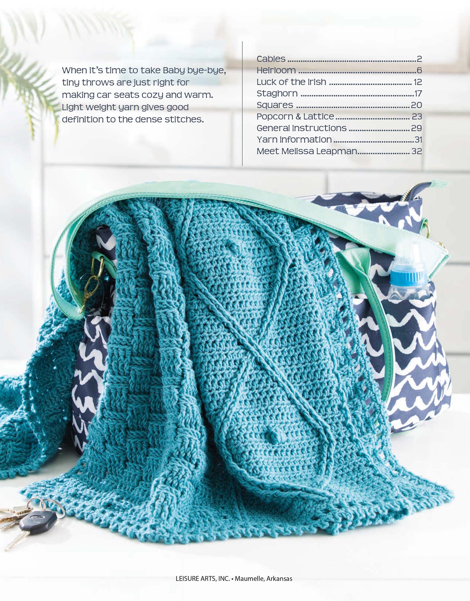 The On the Go Baby Blankets Digital Download by Leisure Arts features a blue crocheted baby throw, ideal for use as a car seat blanket, draped over a bag with a green baby bottle and blue pacifier nearby. Text and a table of contents are visible in the background.