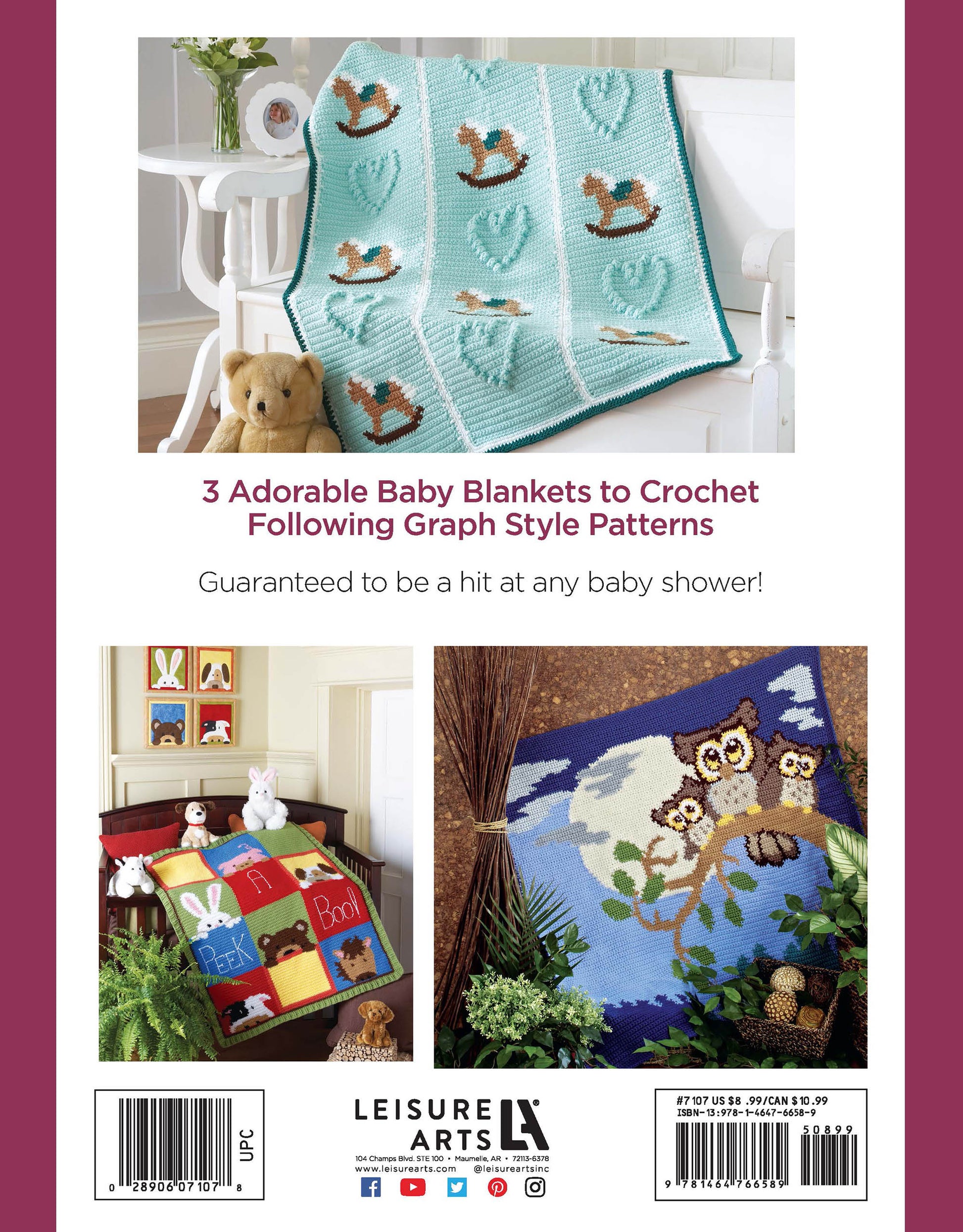 Back cover of Leisure Arts’ "Crochet Bedtime Blankies" shows three baby afghans: rocking horses with hearts, animals with ABC blocks, and owls on a tree. Text reads “3 Adorable Baby Afghans to Crochet.”.