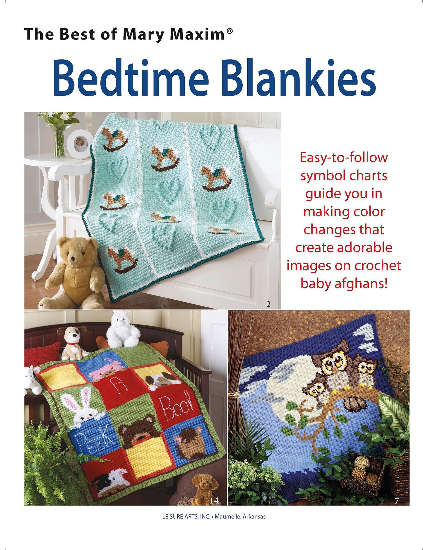 A magazine page showcases Leisure Arts' Crochet Bedtime Blankies—three colorful crochet baby afghans with animal and bedtime designs, a teddy bear, and text promoting easy-to-follow symbol charts for charming patterns.