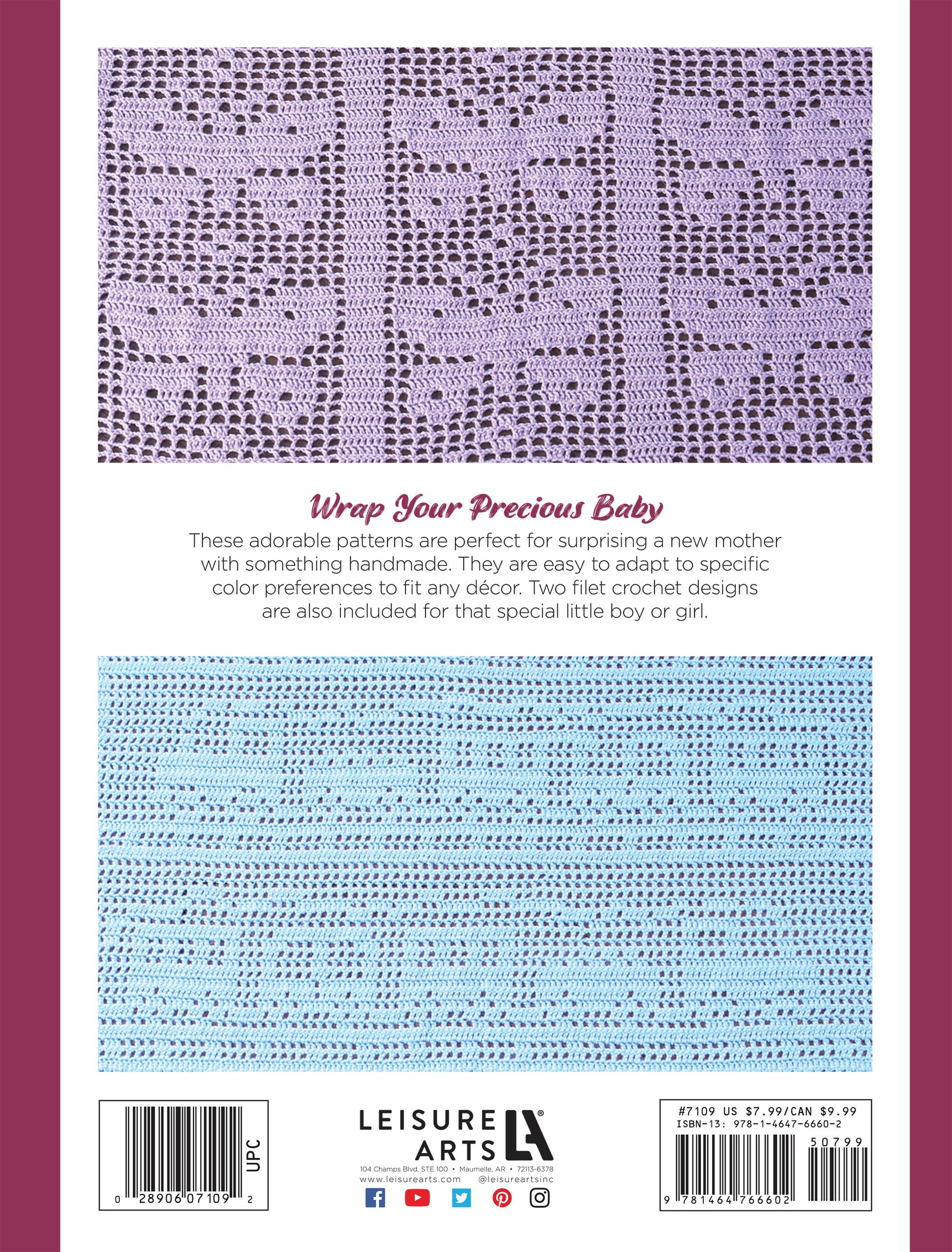 The image shows the back cover of the Leisure Arts "Cuddle Me Baby Afghans" crochet pattern book, featuring intermediate baby blanket patterns in lavender and blue. Text and a barcode are also visible—perfect for a baby shower gift.