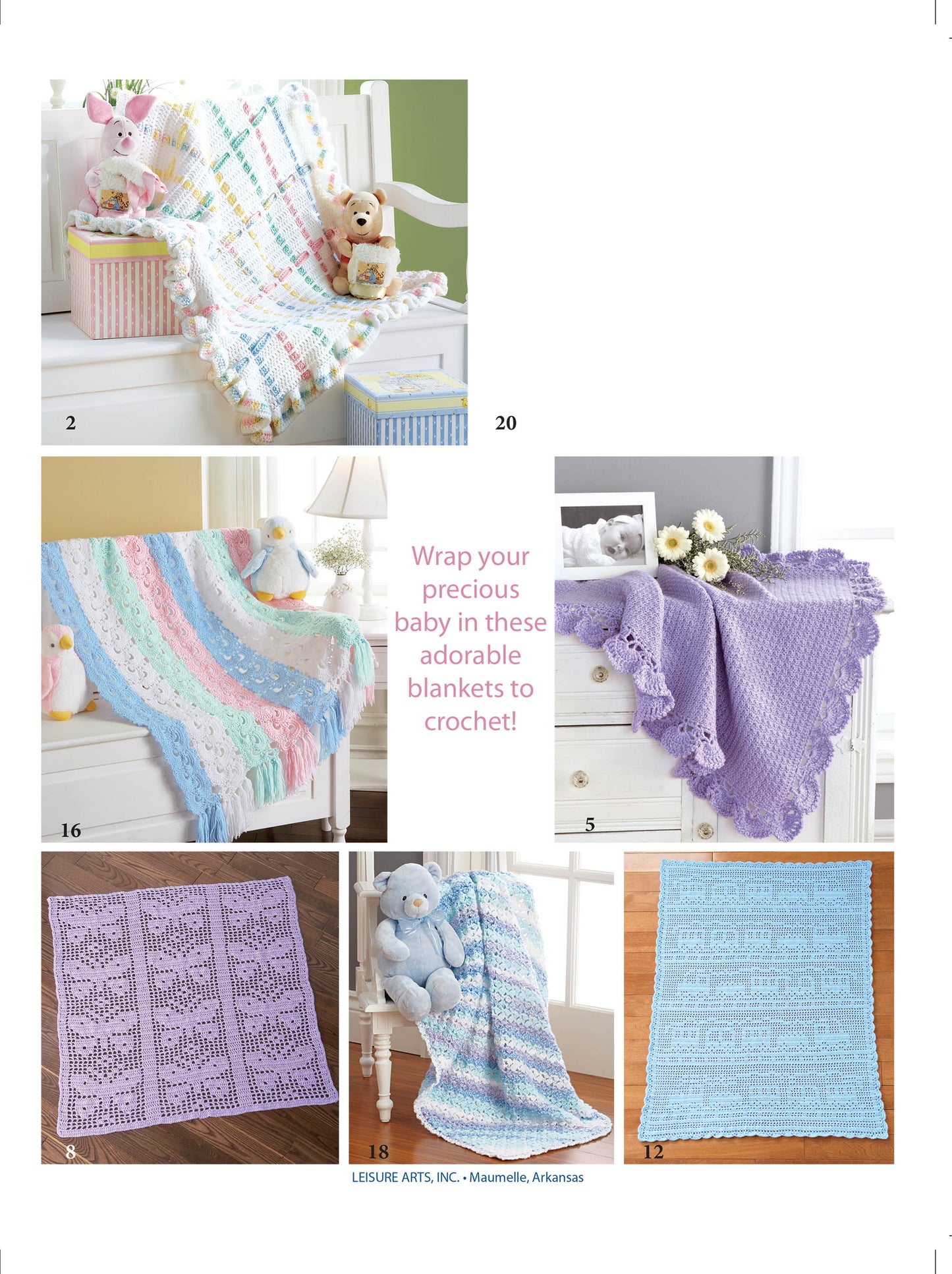 Five crocheted baby blankets in pastel colors and patterns are shown draped over cribs and chairs—perfect for a baby shower gift. Pink text: Wrap your precious baby in these adorable Cuddle Me Baby Afghans by Leisure Arts!.