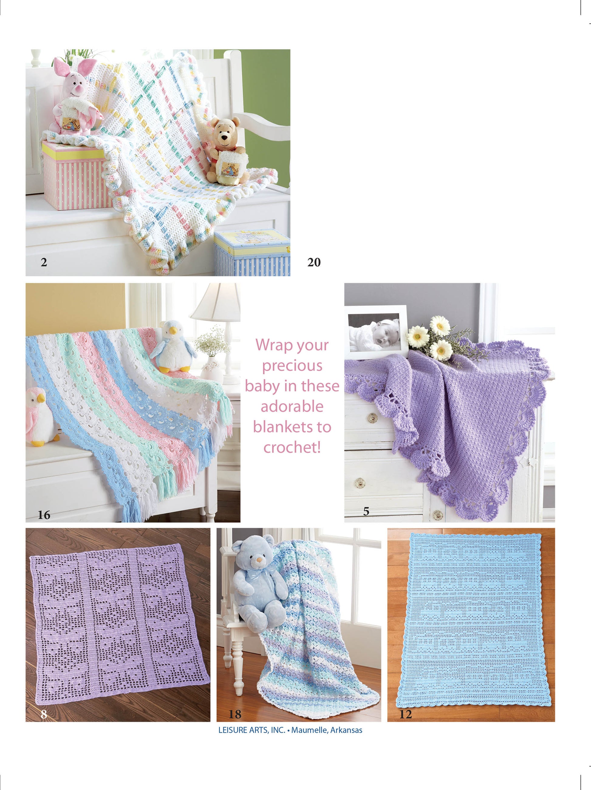 Five crocheted baby blankets in pastel colors and patterns are shown draped over cribs and chairs—perfect for a baby shower gift. Pink text: Wrap your precious baby in these adorable Cuddle Me Baby Afghans by Leisure Arts!.