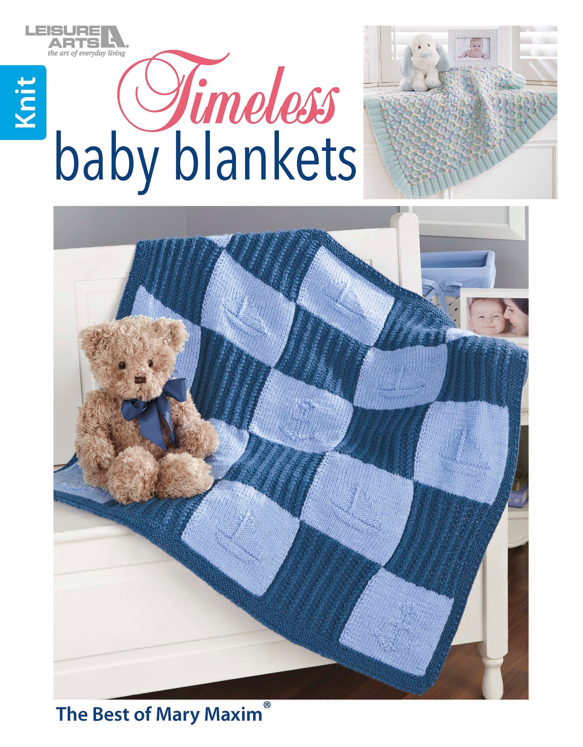 Cover of "Timeless Knit Baby Blankets" by Leisure Arts, showing a blue checkerboard baby blanket on a crib with a teddy bear and small images of other Leisure Arts knitting patterns in various yarn weights.