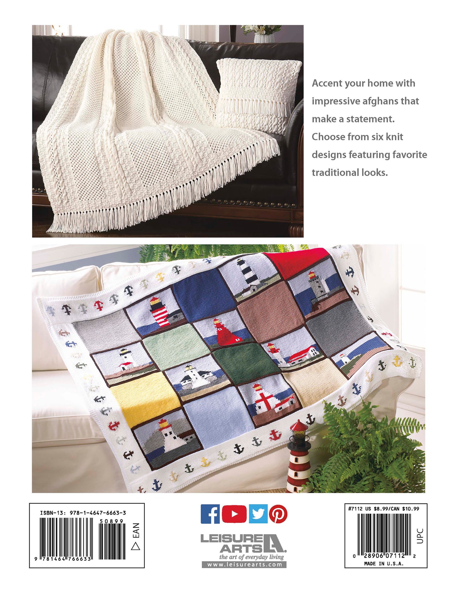 A cream-colored knit afghan with fringe covers a couch, while a vibrant "Decorator Throws—The Best of Mary Maxim" by Leisure Arts, featuring lighthouse and nautical motifs, decorates a chair. Choose from six traditional knitted throw patterns.