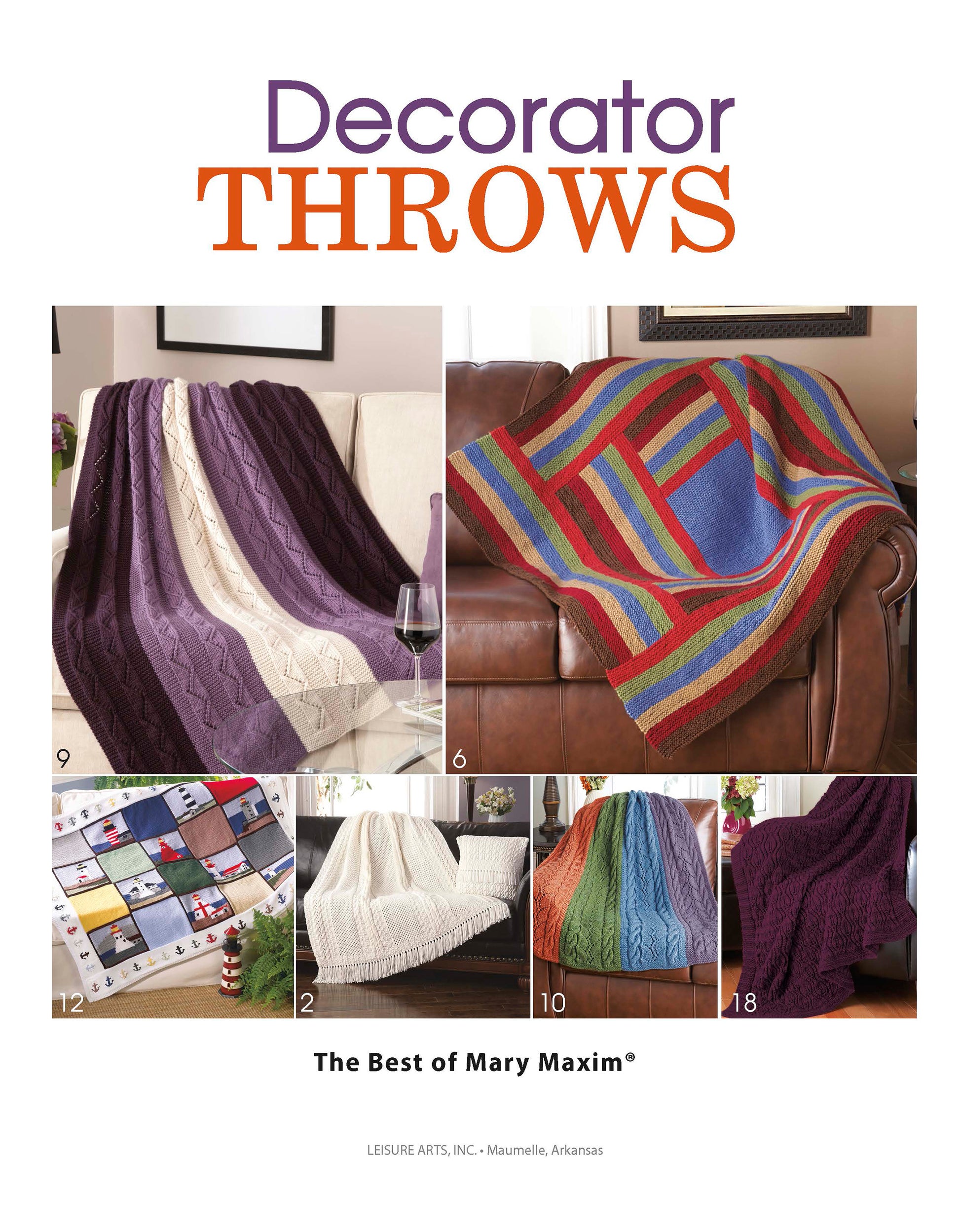 A collage of seven colorful Leisure Arts Decorator Throws—The Best of Mary Maxim, made with medium weight yarn, displayed on sofas and chairs. The product name appears at the bottom.