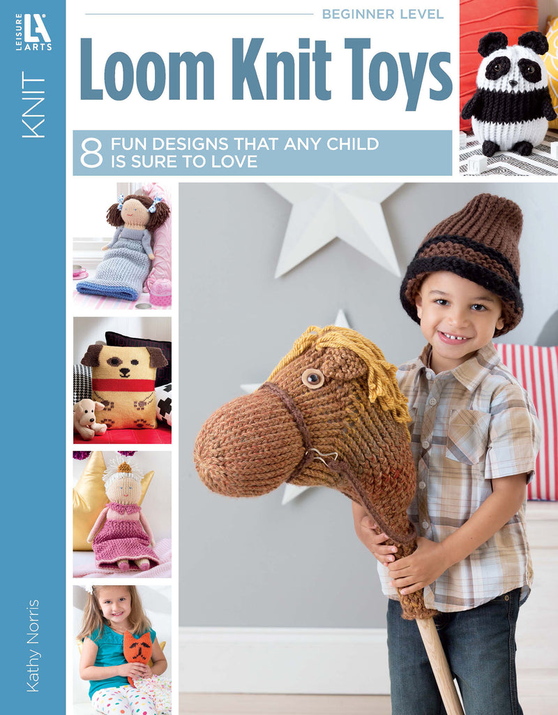 The cover of Loom Knit Toys by Leisure Arts shows a smiling boy holding a handmade horse, with loom-knit patterns for animals like a dog, bear, and doll on the left—perfect for beginner knitting projects.