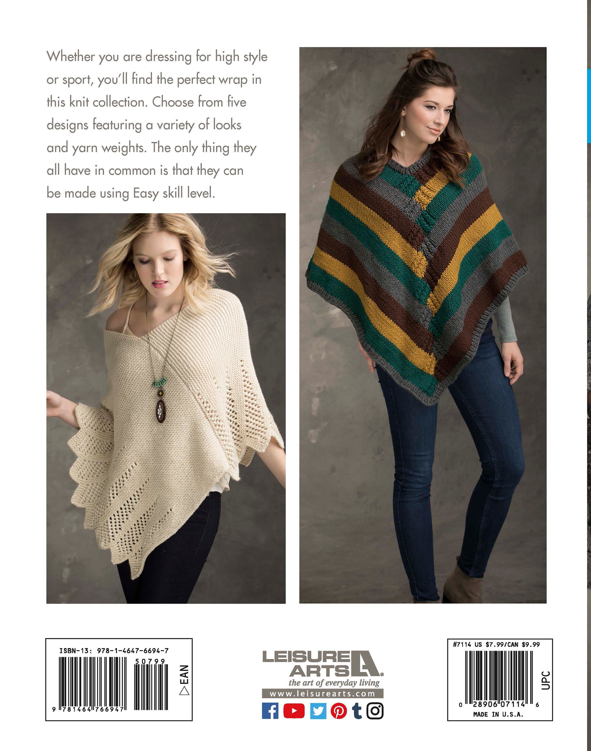 Two women showcase Leisure Arts' "Wraps & Ponchos to Knit" digital download: one models a cream lacy, scalloped-edge poncho, and the other wears a green, gold, brown, and burgundy striped poncho—both easy options for beginners.