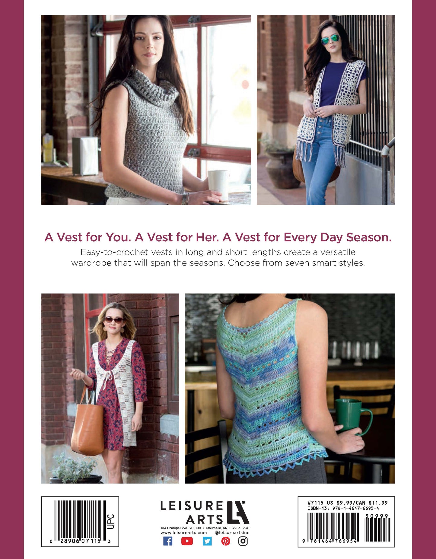Four women showcase a variety of crochet vests from Leisure Arts' "Crochet Vests The Long & Short of It," modeling beginner-friendly and bulky-yarn designs in different styles, with maroon borders and text highlighting this pattern book.