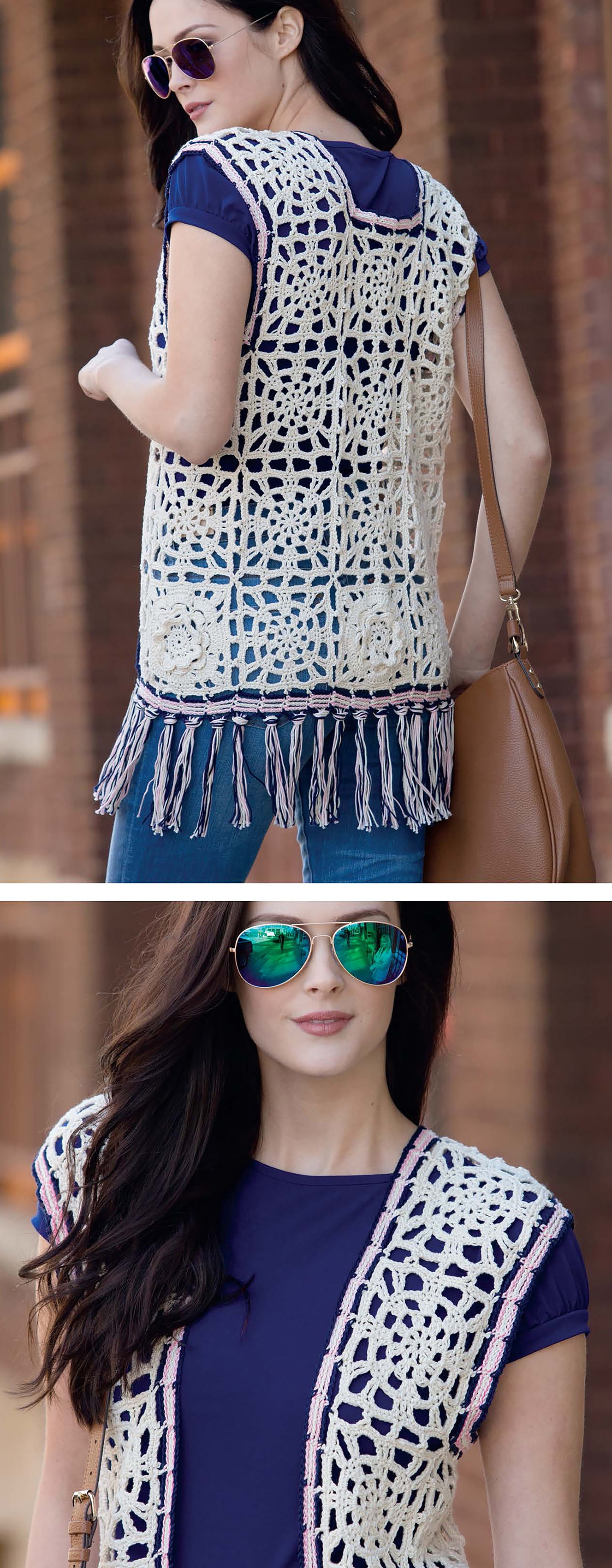 A woman in a navy top and jeans models the cream Crochet Vests The Long & Short of It by Leisure Arts, featuring geometric crochet patterns—ideal for beginner crocheters. She accessorizes with a tan shoulder bag and reflective sunglasses.