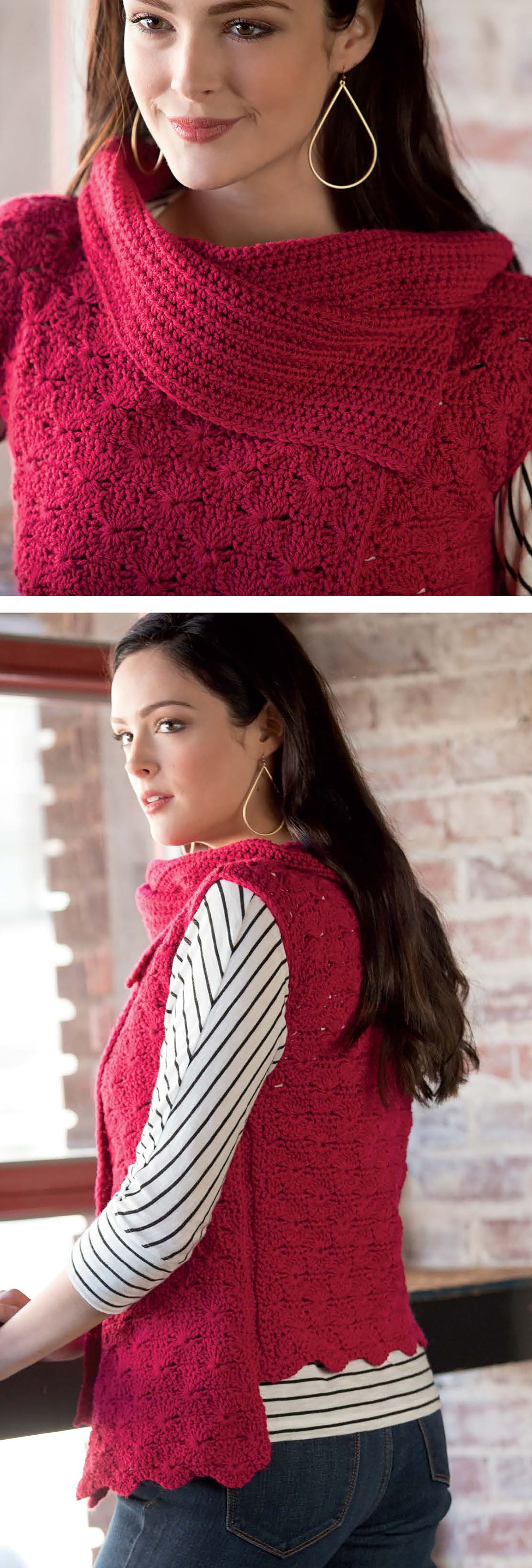 A woman models the "Crochet Vests The Long & Short of It" by Leisure Arts—a textured, deep pink bulky-yarn vest for beginners—layered over a striped shirt. She has long dark hair and wears gold geometric earrings.