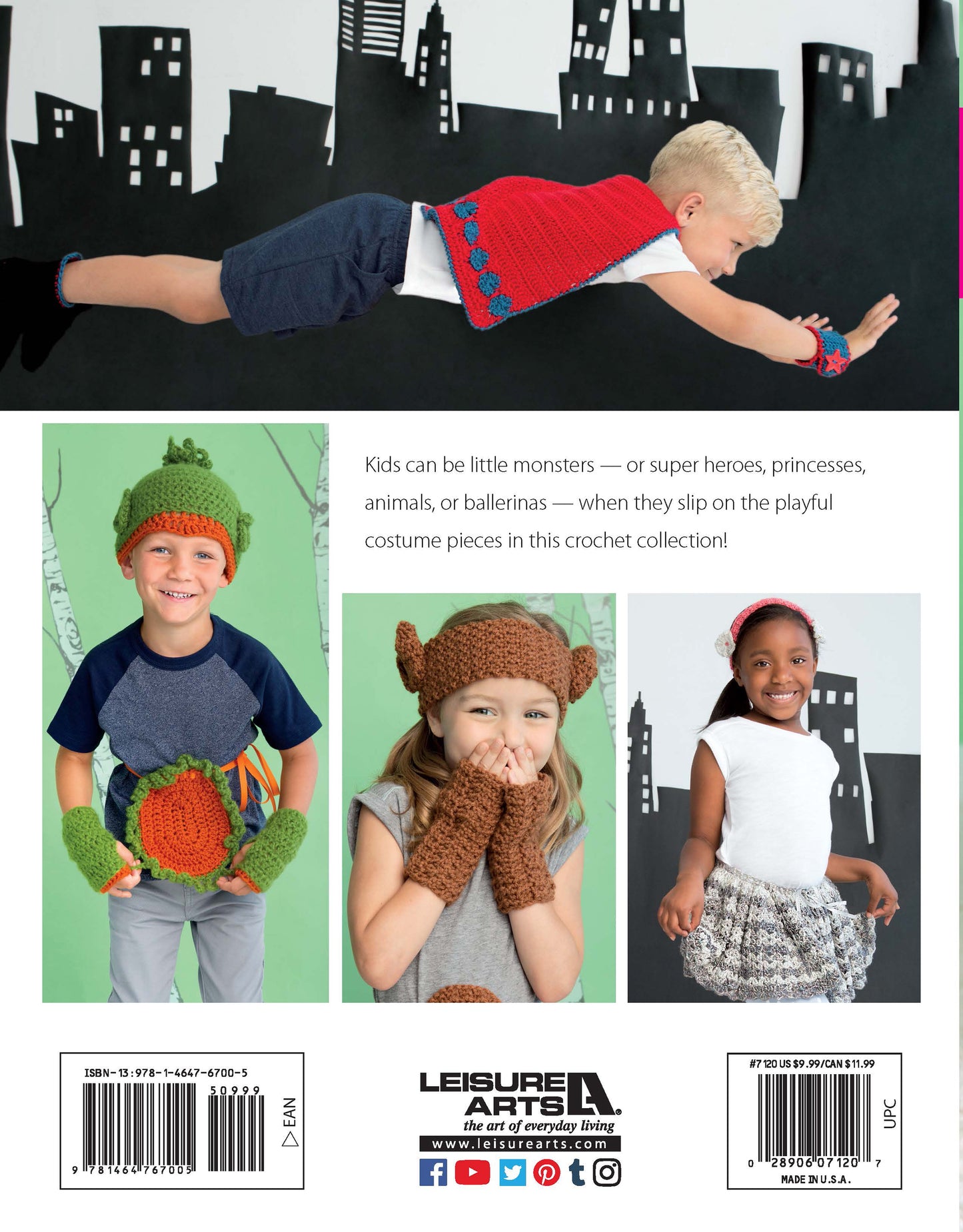 Four kids show off the Leisure Arts Crochet Kids Dress Up Digital Download: a red superhero cape and mask, green dinosaur hat and mitts, brown Viking set, plus a white tee with red tutu—fun for dress-up or beginner crochet projects.