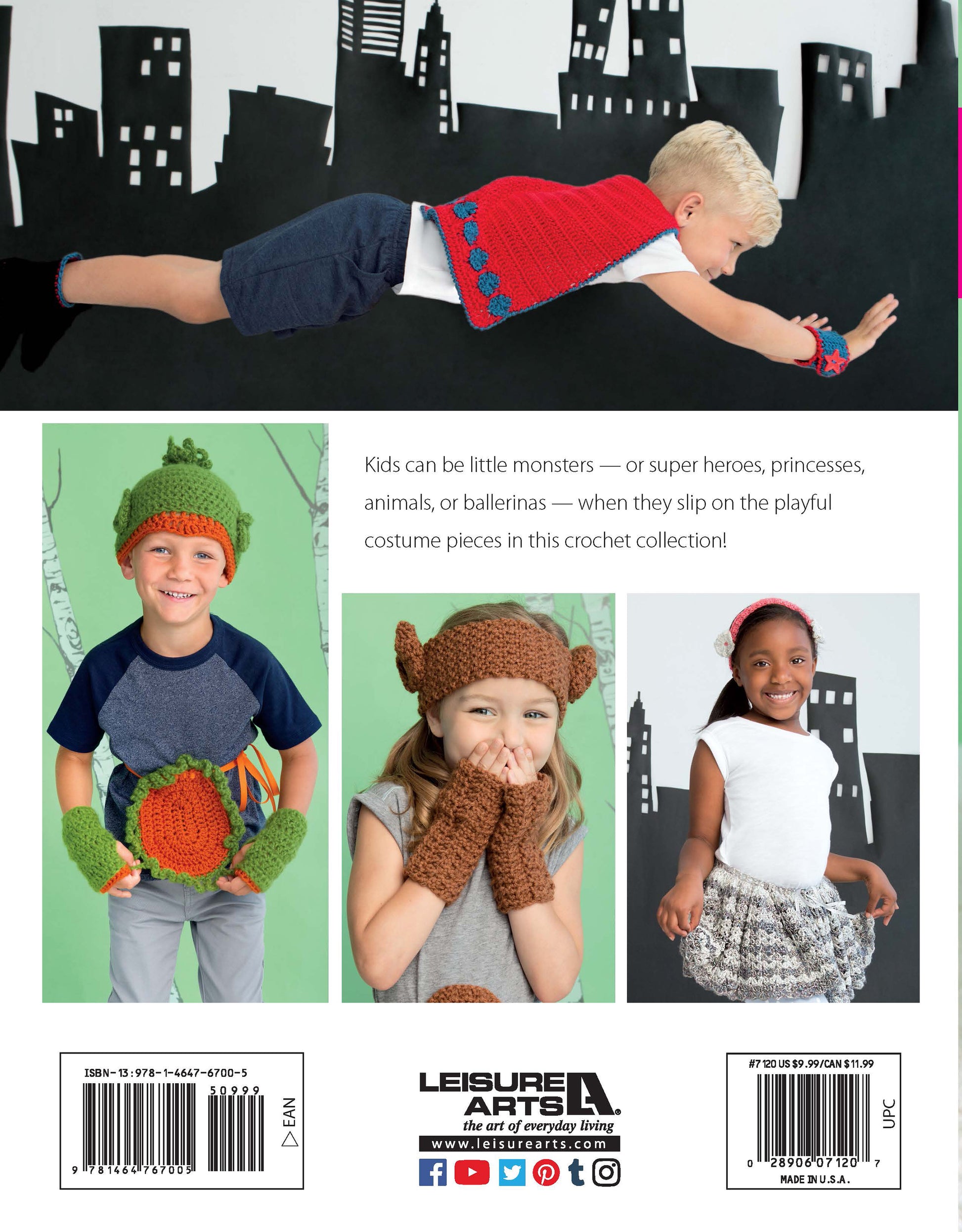 Four kids show off the Leisure Arts Crochet Kids Dress Up Digital Download: a red superhero cape and mask, green dinosaur hat and mitts, brown Viking set, plus a white tee with red tutu—fun for dress-up or beginner crochet projects.