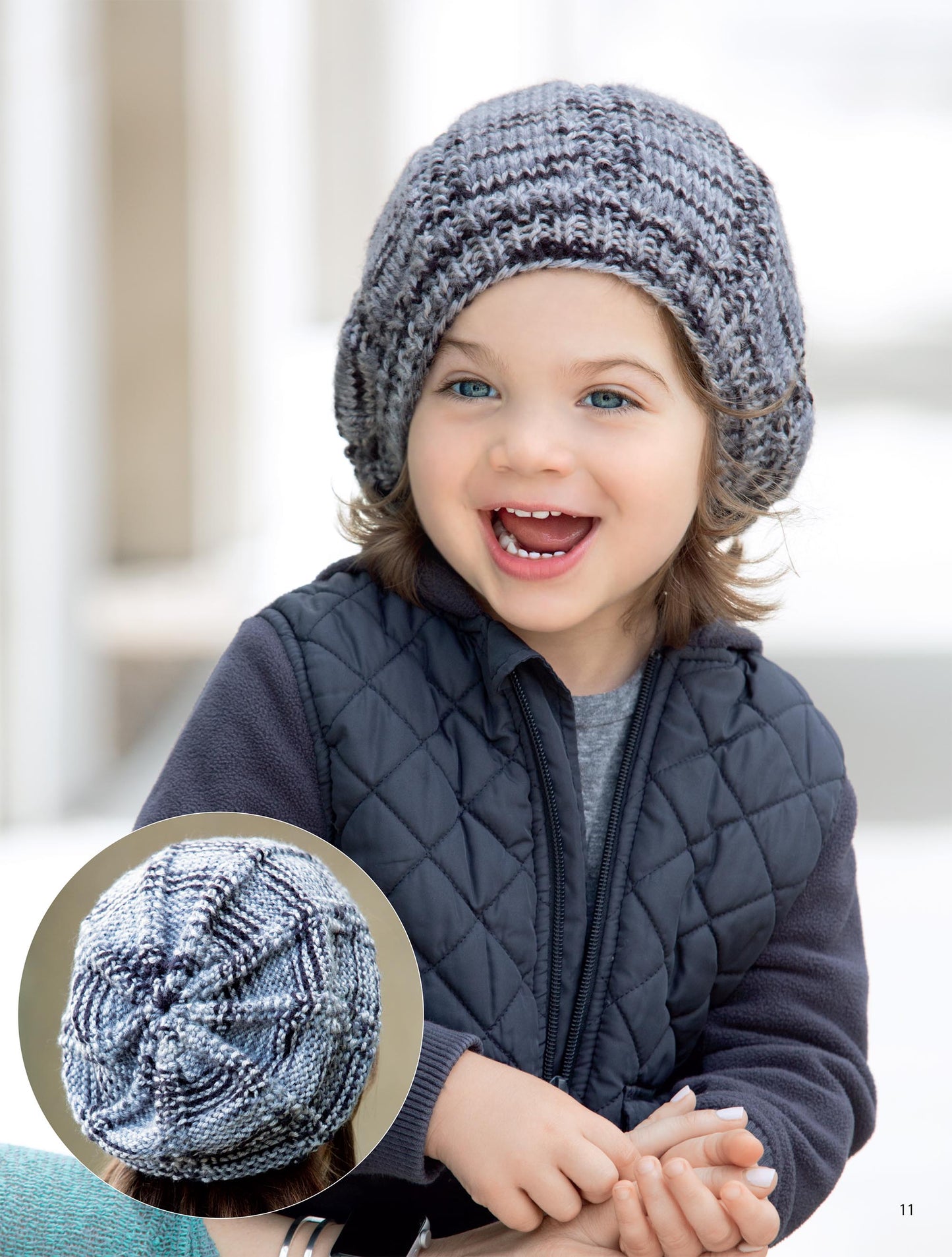 A smiling child with light eyes and long hair models a gray knit hat from "Hats for the Family" by Leisure Arts, ideal for beginner knitting. An inset reveals detailed stitch work, showcasing creative techniques in this stylish accessory.