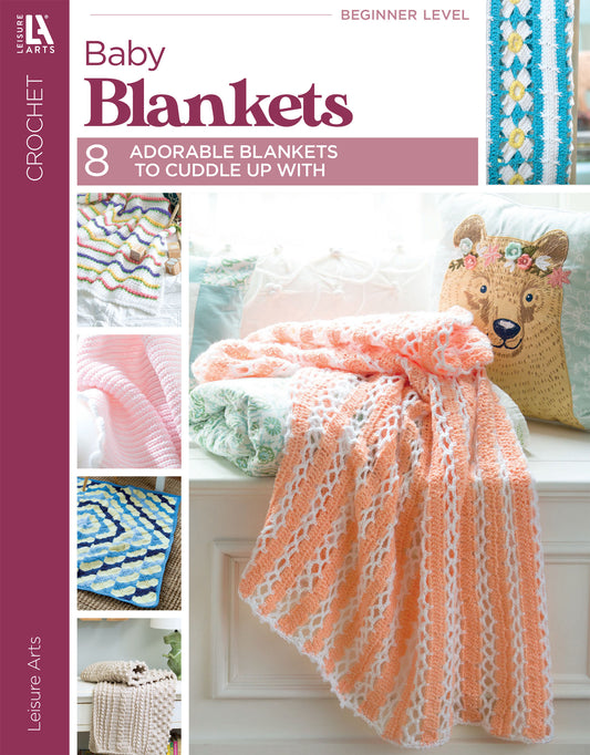 Cover of the Leisure Arts book "Baby Bright Quilts—Use Pops of Color in Stunning Baby Designs!" featuring a vibrant peach and white baby quilt on a couch, surrounded by images of colorful beginner-friendly quilt patterns.