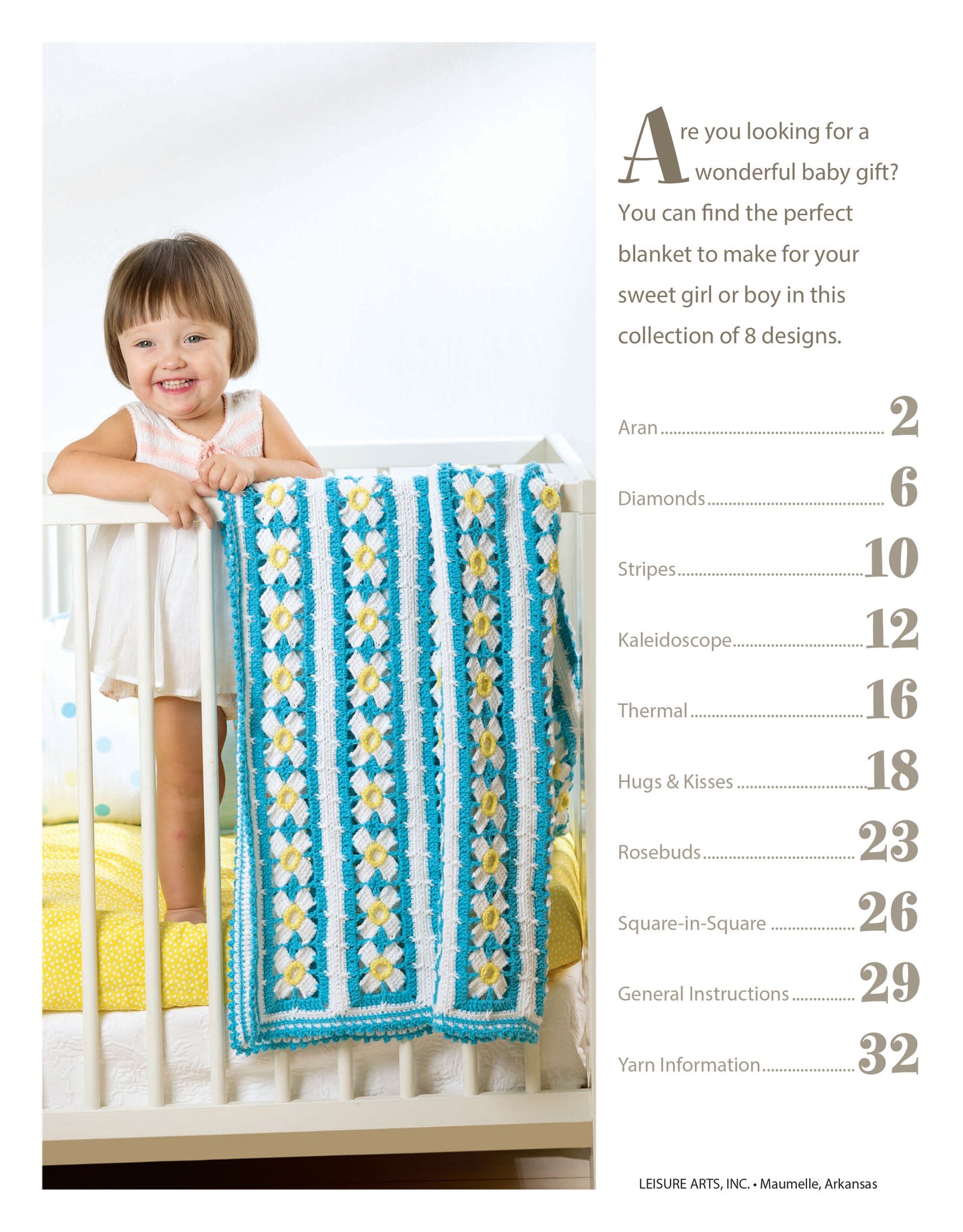 A smiling toddler in a white tank top stands in a crib, holding a crocheted baby blanket made with Baby Bright Quilts by Leisure Arts. On the right, a table of contents from this beginner-friendly crochet pattern book is displayed.