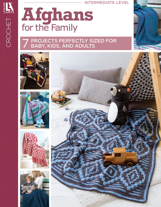 Collage of colorful crocheted afghans from Leisure Arts’ Afghans for the Family, featuring 7 projects in baby, kids, and adult sizes, draped over furniture and shown in a playful room.