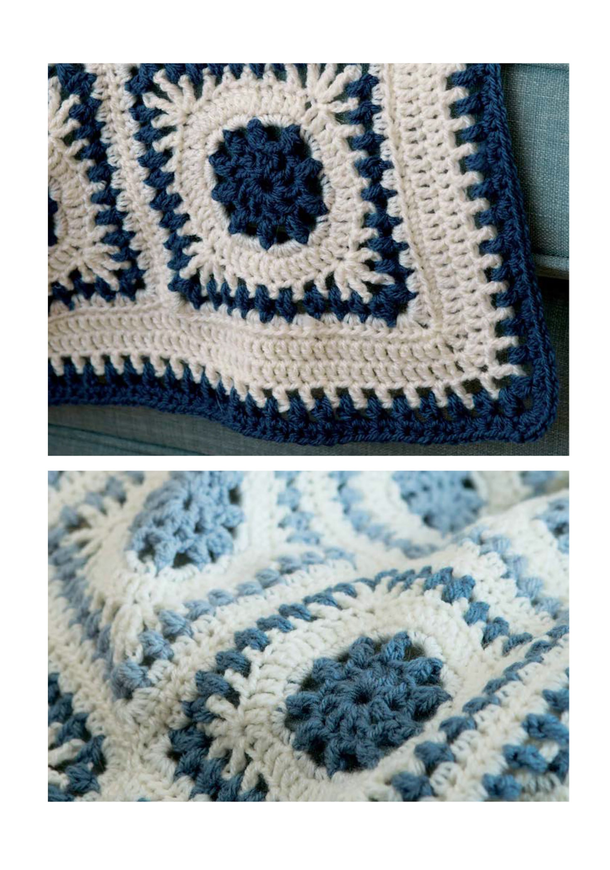 Close-up shots of crocheted granny square motifs in cream, navy, and light blue from Leisure Arts’ "Blocks and Stripes—7 Cozy Projects Using Easy Granny Squares & Strips"—great inspiration for beginners seeking afghan patterns.