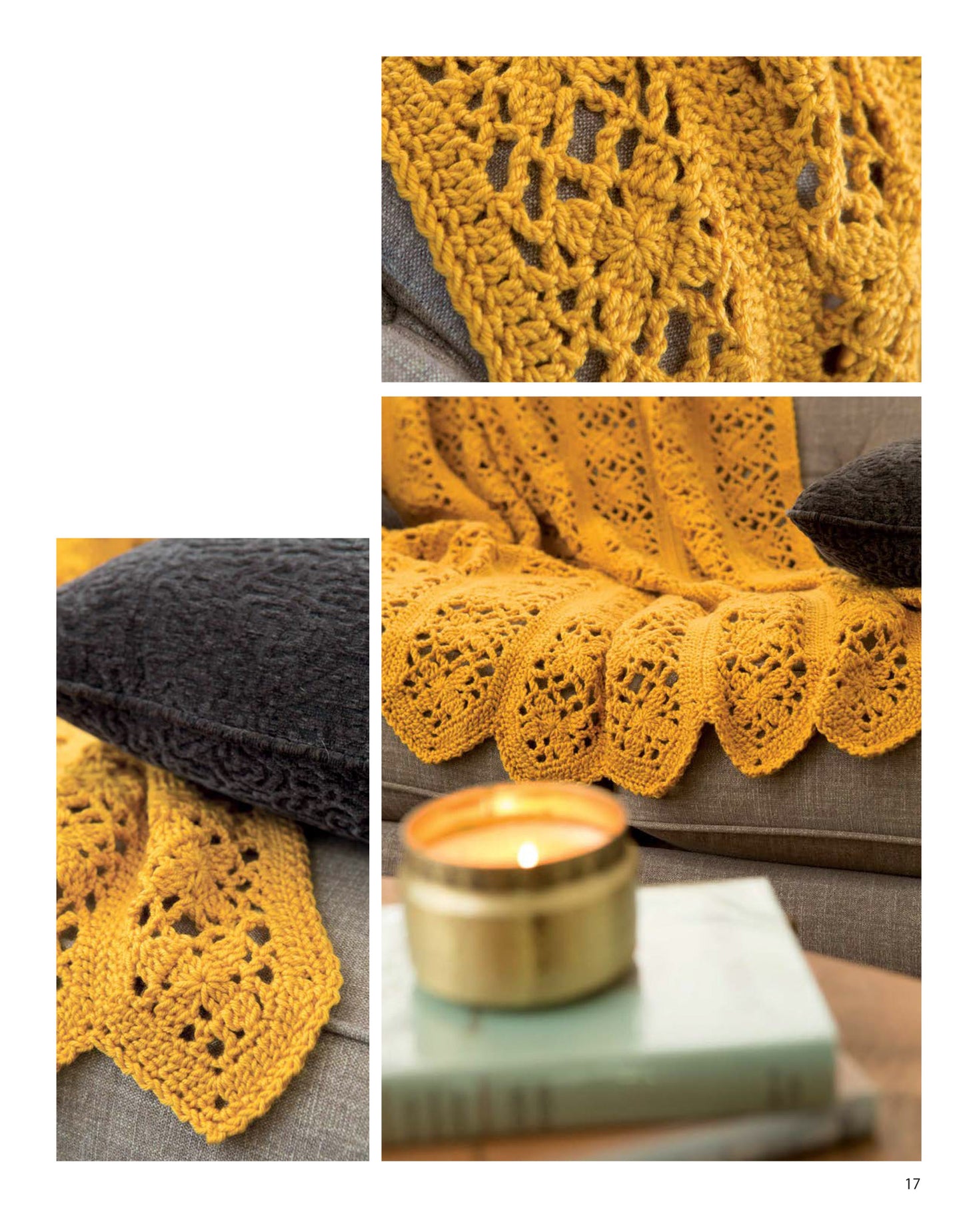 Blocks and Stripes—7 Cozy Projects Using Easy Granny Squares & Strips by Leisure Arts is displayed on a cozy gray sofa with a mustard yellow crocheted blanket, perfect for beginners. A lit candle and books add to the inviting scene.