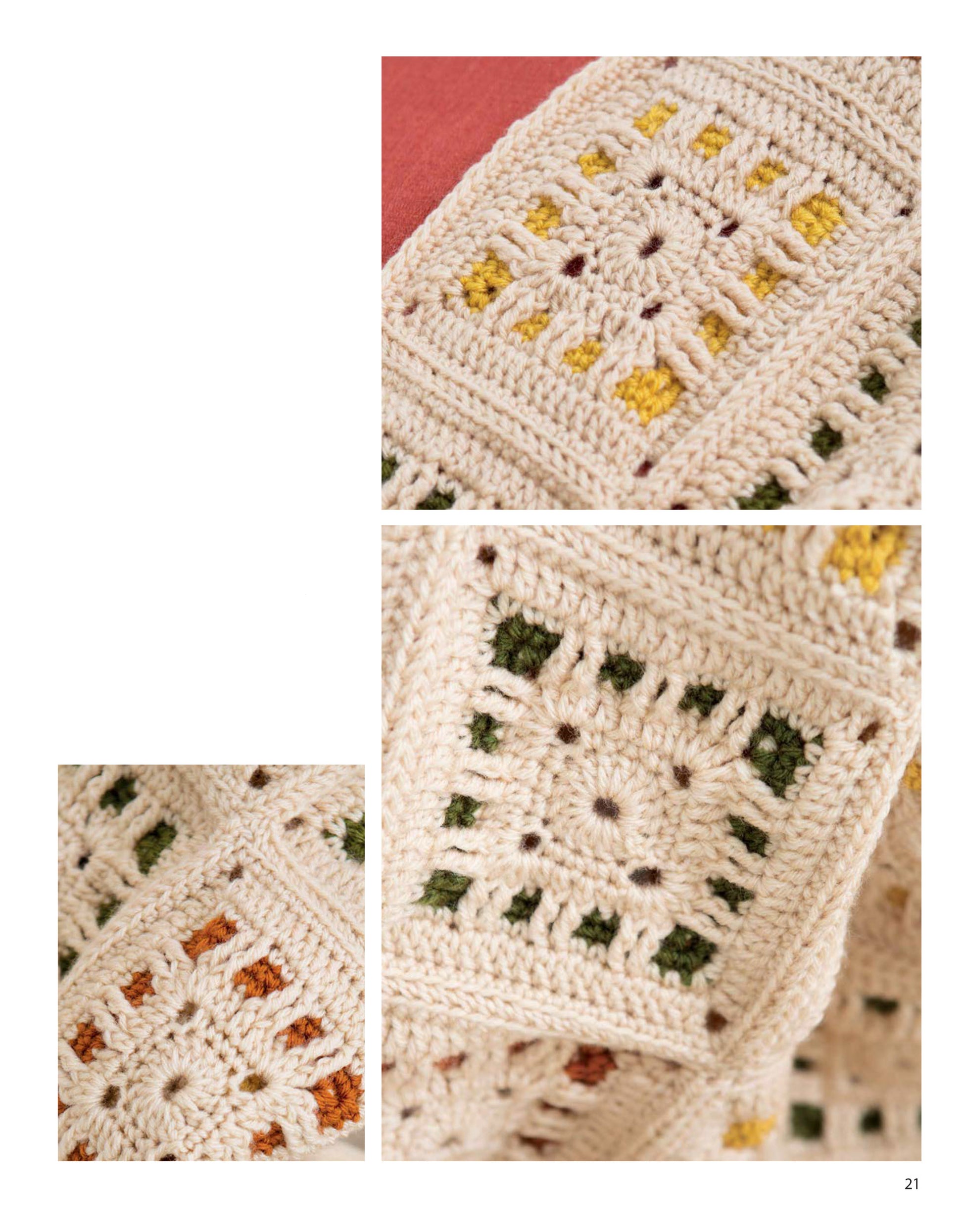 A cozy, cream-colored crocheted blanket from Leisure Arts' Blocks and Stripes collection features easy granny squares in yellow, green, and orange—perfect for beginners looking to create stylish patterns with simple motifs and stripes.