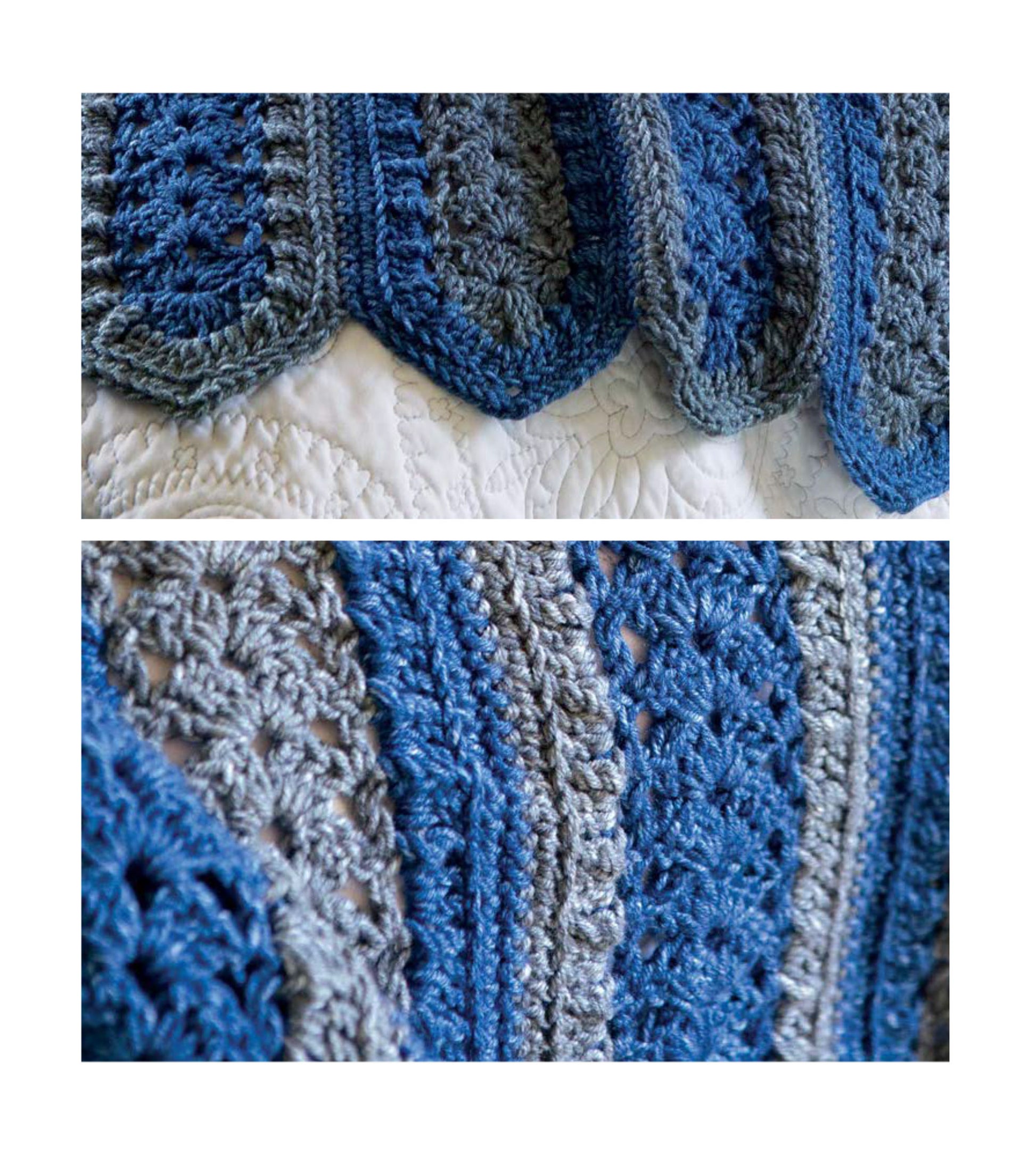Close-up photos showcase cozy blue and gray stripes, lacy scalloped edges, and intricate texture from "Blocks and Stripes—7 Cozy Projects Using Easy Granny Squares & Strips" by Leisure Arts—perfect inspiration for beginner afghan patterns.