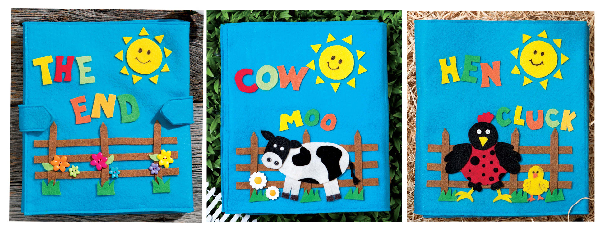 Three panels from the Leisure Arts Make Your Own Quiet Book show felt scenes: “The End” with a sun, fence, flowers, barn, silo; “Cow Moo” with a cow; and “Hen Cluck” with a hen and chicks—all on blue backgrounds.
