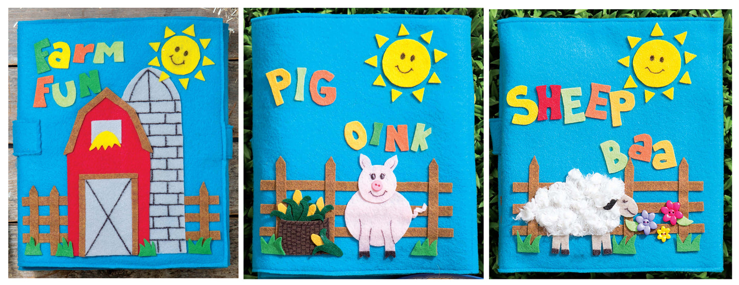 The "Make Your Own Quiet Book" kit from Leisure Arts lets you create three farm-themed felt covers using freezer paper patterns—Farm Fun with barn and silo, Pig Oink, and Sheep Baa—all featuring bright suns on blue backgrounds.