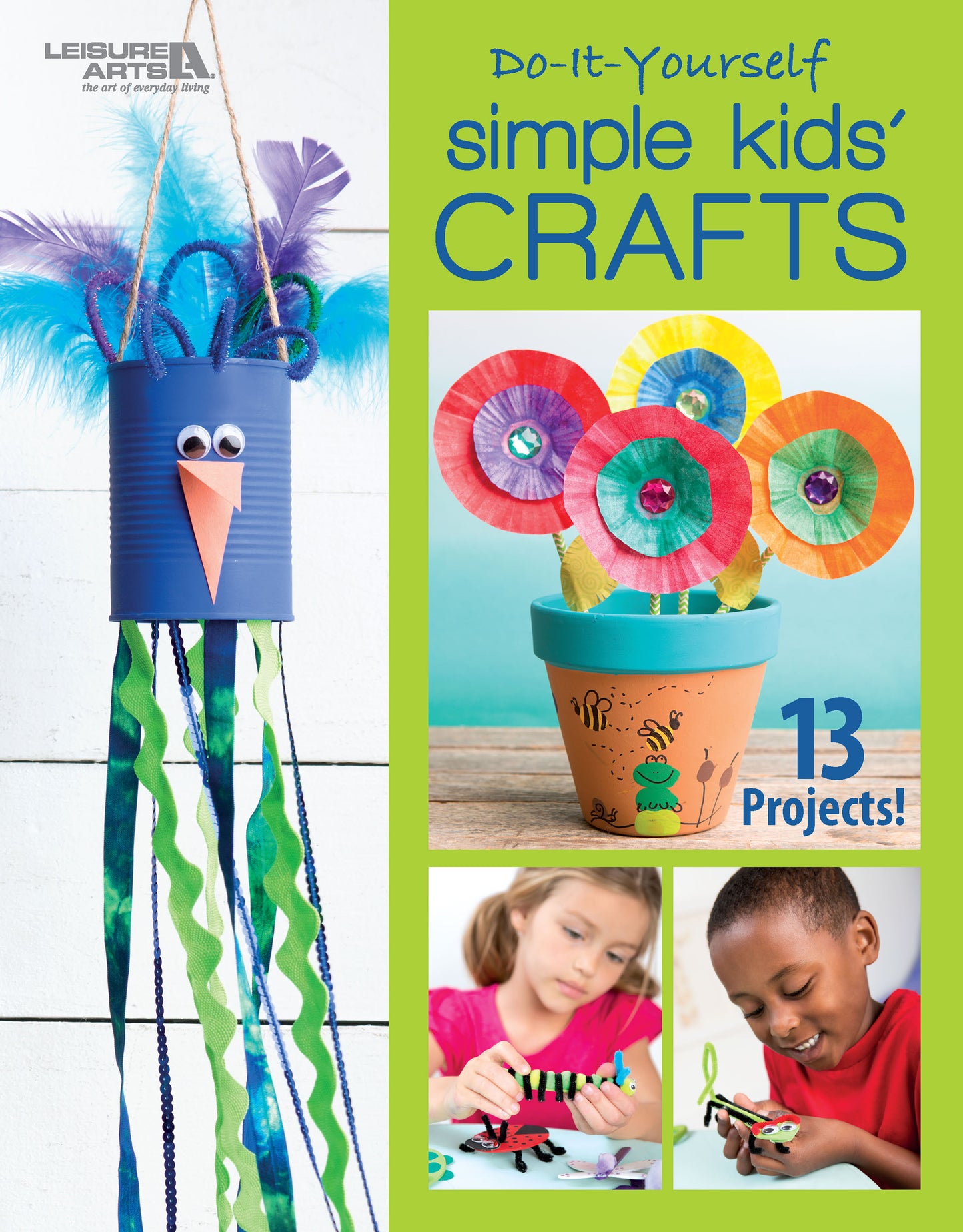 The cover of "DIY Simple Kids' Crafts" by Leisure Arts features a blue tin can jellyfish, paper flowers, and kids crafting. Includes 13 fun projects—perfect for children's artistic activities!.