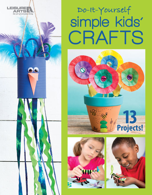 The cover of "DIY Simple Kids' Crafts" by Leisure Arts features a blue tin can jellyfish, paper flowers, and kids crafting. Includes 13 fun projects—perfect for children's artistic activities!.