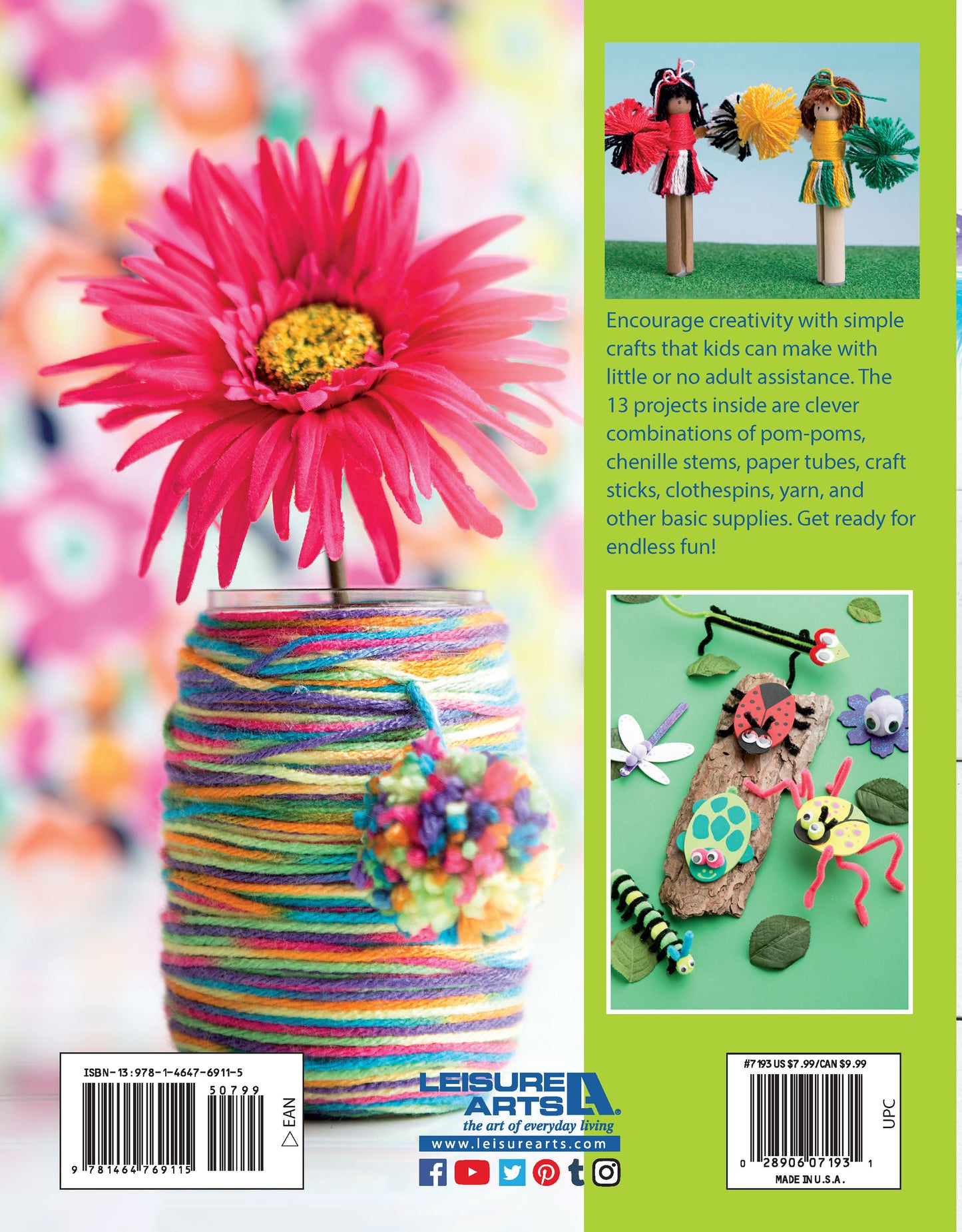 The DIY Simple Kids' Crafts by Leisure Arts features a yarn-wrapped vase with a pink flower, plus handmade crafts using pom-poms, sticks, and beads—ideal for inspiring children's art projects and creative activities.