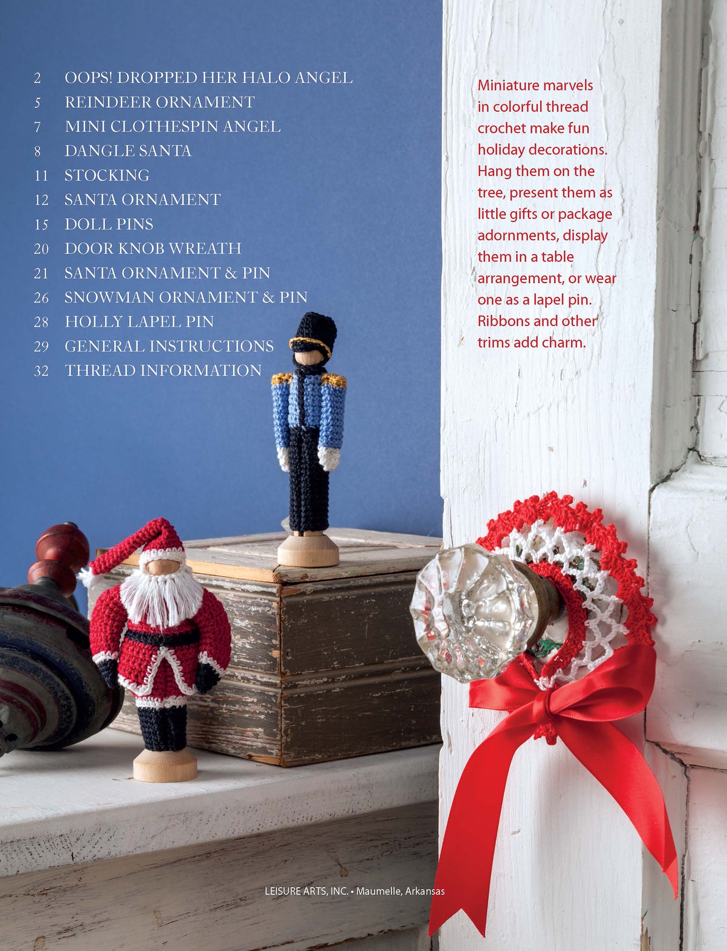 The Leisure Arts Crochet Thread Christmas Ornaments Digital Download features a nutcracker and Santa for your shelf, plus an angel ornament with a red ribbon—perfect mini decorations or easy Christmas crafts for your home.