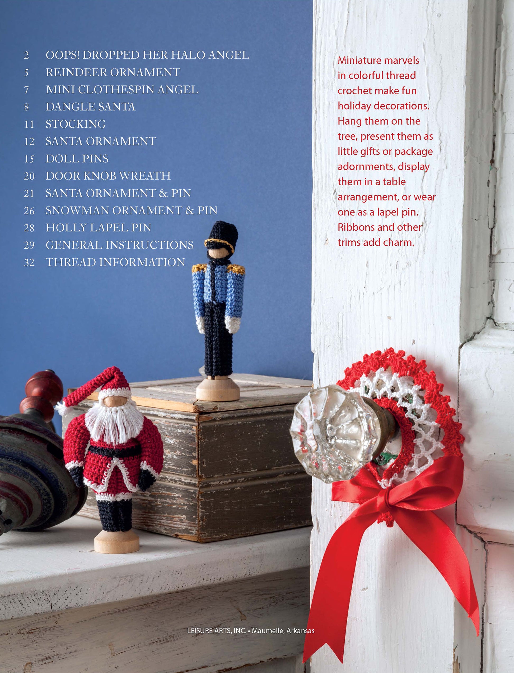 The Leisure Arts Crochet Thread Christmas Ornaments Digital Download features a nutcracker and Santa for your shelf, plus an angel ornament with a red ribbon—perfect mini decorations or easy Christmas crafts for your home.