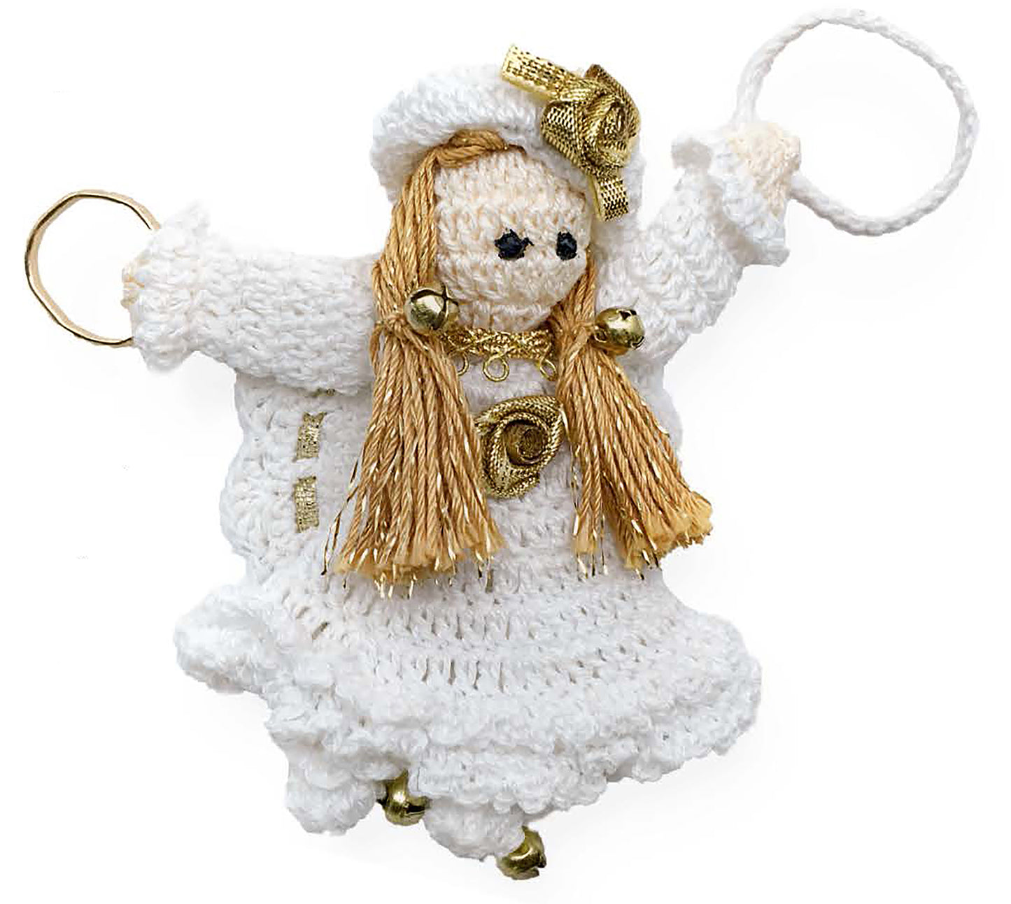 The Crochet Thread Christmas Ornaments Digital Download by Leisure Arts features a handmade angel ornament with a crocheted white dress, straw-blond hair, gold accents, and gold rings—perfect for mini holiday décor or crochet craft lovers.