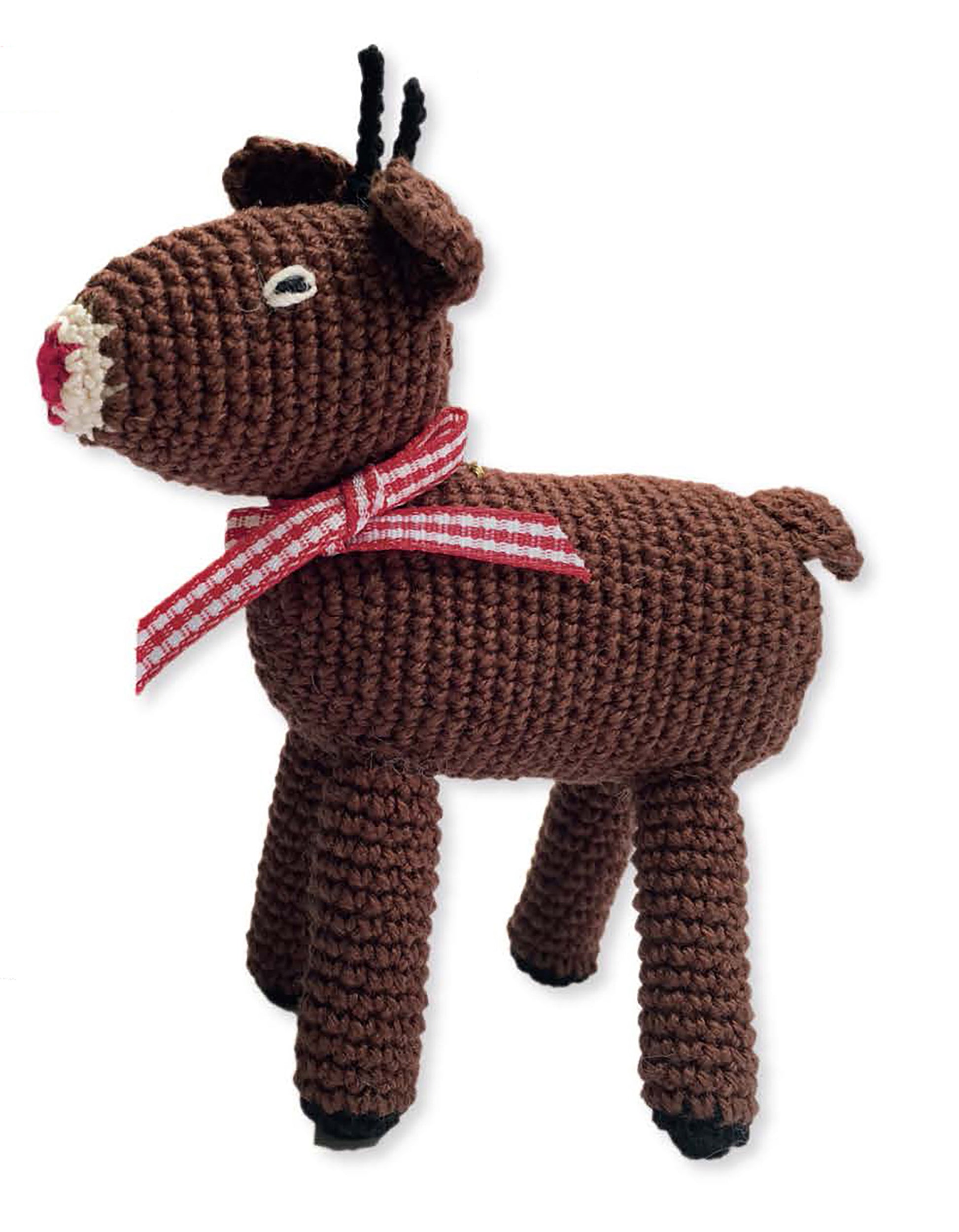 The Crochet Thread Christmas Ornaments Digital Download by Leisure Arts features a brown reindeer with antlers, black hooves, and a red nose—ideal for easy Christmas crafts or as crochet miniatures for holiday decor.