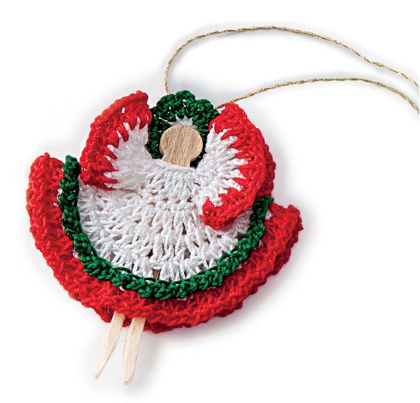 Add festive charm with the "Crochet Thread Christmas Ornaments Digital Download" by Leisure Arts—a handmade angel ornament crafted from a wooden clothespin, dressed in red, white, and green yarn with a gold hanging loop. Perfect for mini holiday décor!.