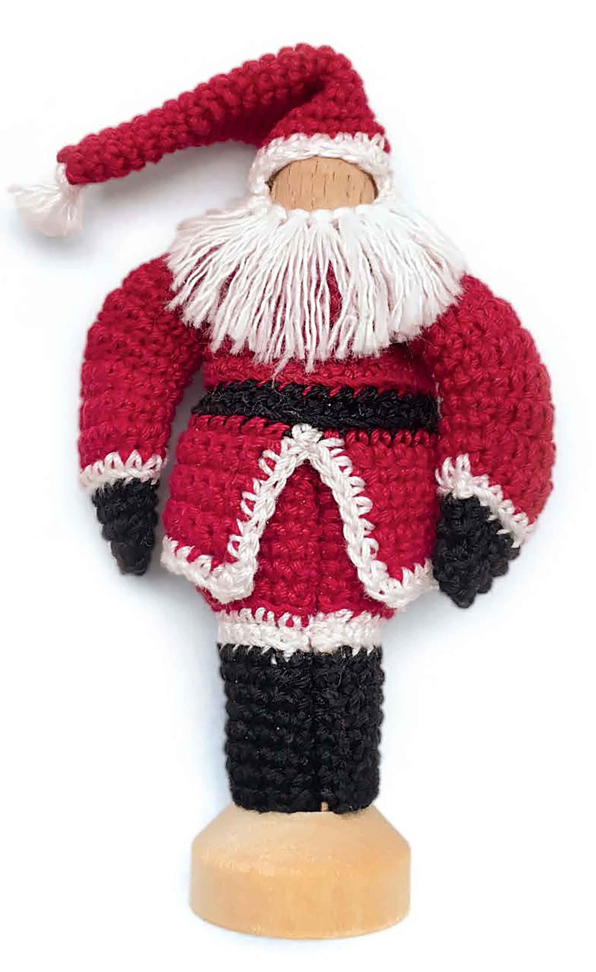 The Leisure Arts Crochet Thread Christmas Ornaments Digital Download includes a Santa Claus in a red suit with white trim, black belt and boots, white yarn beard, and red hat—perfect for mini holiday decorations.