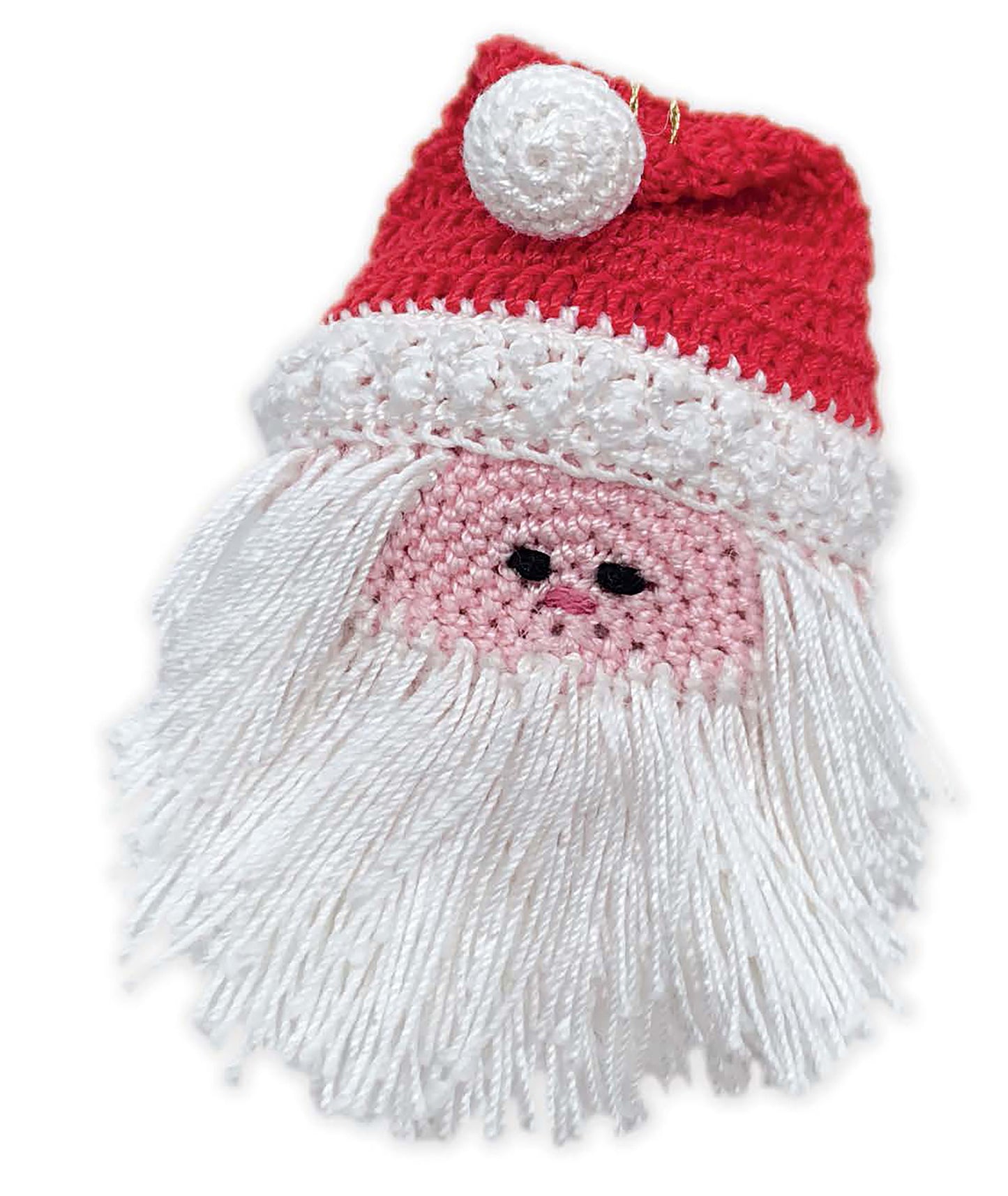 The "Crochet Thread Christmas Ornaments Digital Download" by Leisure Arts features a Santa Claus face with a red and white hat, black eyes, pink face, and long white yarn beard—great for easy holiday crafts or mini festive decorations.