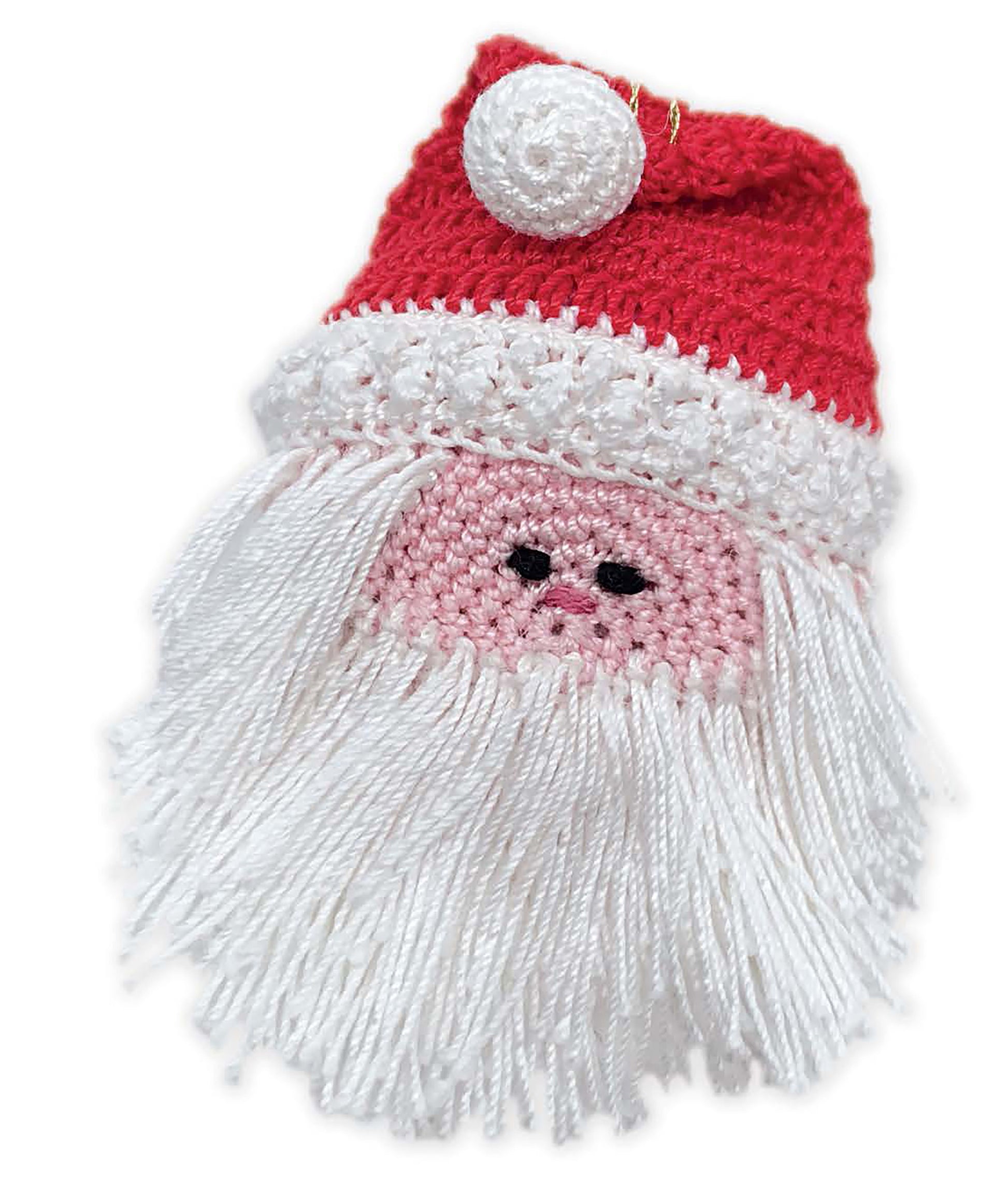 The "Crochet Thread Christmas Ornaments Digital Download" by Leisure Arts features a Santa Claus face with a red and white hat, black eyes, pink face, and long white yarn beard—great for easy holiday crafts or mini festive decorations.