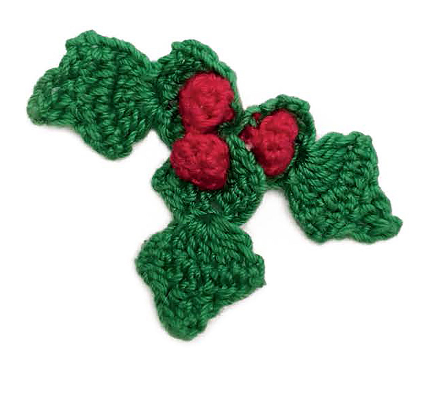 Leisure Arts’ Crochet Thread Christmas Ornaments Digital Download features green crocheted holly leaves and three red berries in a classic holiday cluster, perfect for festive crafts and easy DIY decorations.