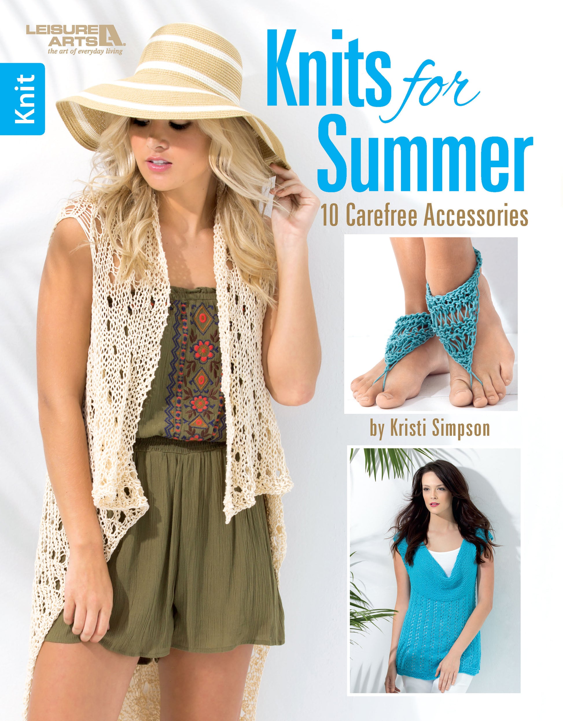 A woman in a sunhat and green romper models a cream crochet vest. Inset images show turquoise knit leg warmers and a blue knit top. Text: Knits For Summer Digital Download by Leisure Arts—10 carefree cotton yarn patterns.