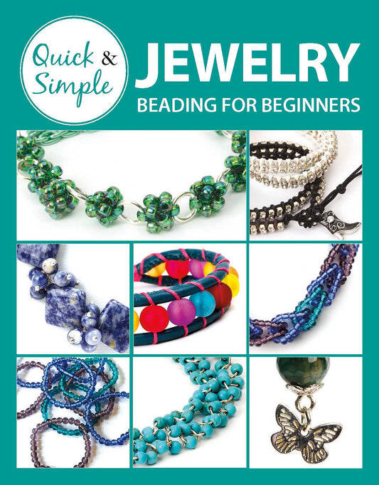 The book Quick & Simple Jewelry Beading for Beginners by Leisure Arts features a grid of colorful handmade beaded jewelry photos, showcasing bracelets and a butterfly pendant—great inspiration for beginner jewelry and bracelet projects.