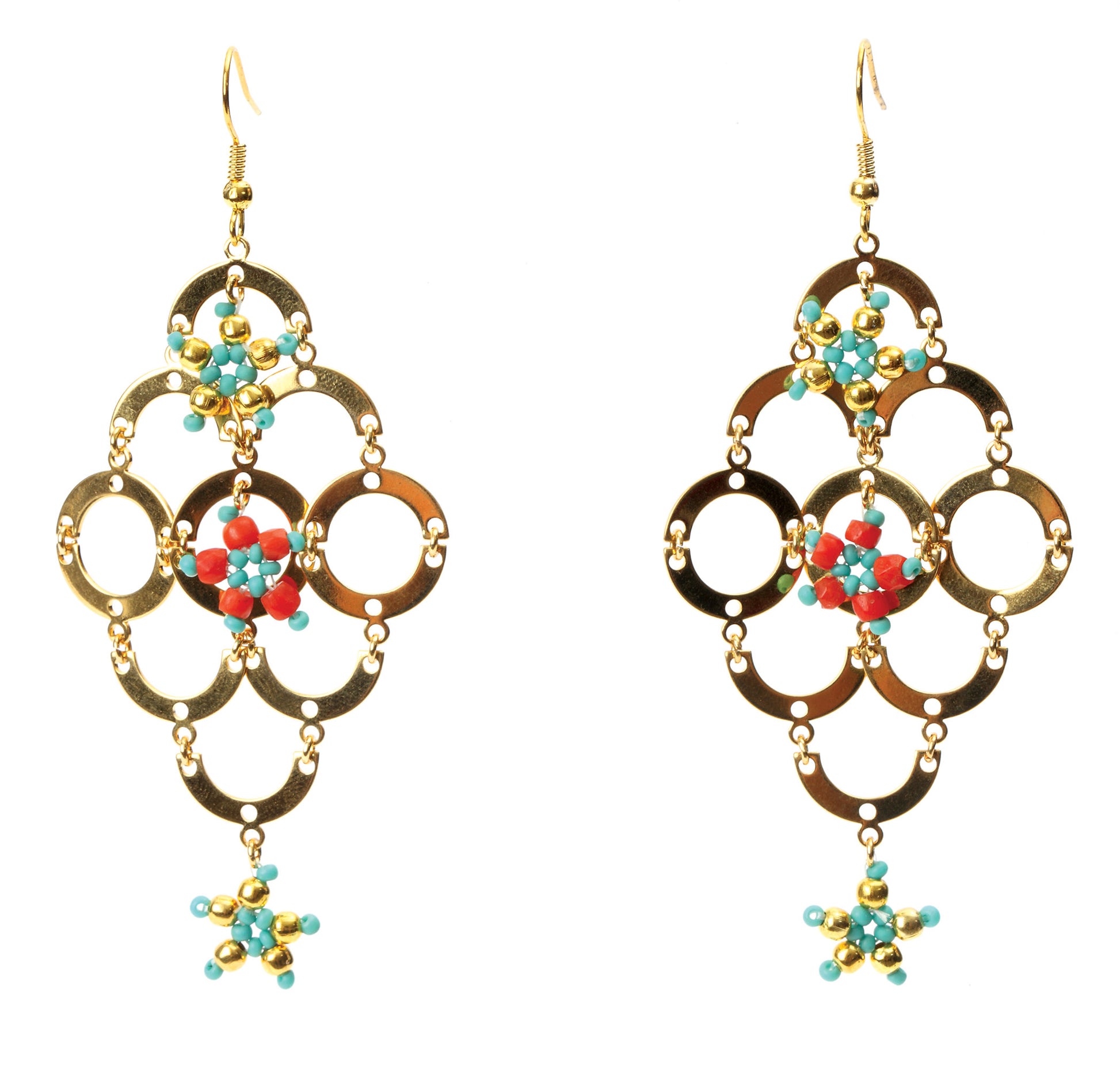 Quick & Simple Jewelry Beading for Beginners by Leisure Arts is perfect for beaded jewelry lovers, featuring projects like gold dangle earrings with floral turquoise and red beads, and star-shaped bead designs.