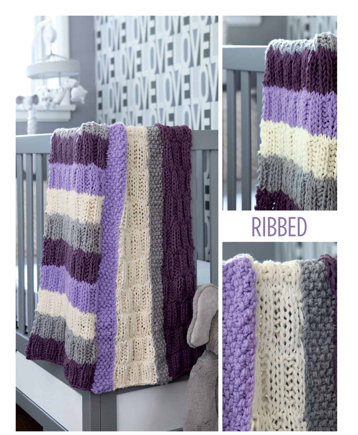 The Knit Color Block Blanket by Leisure Arts, with wide ribbed stripes in purple, white, beige, gray, and lavender, drapes over a gray crib in a LOVE-themed nursery. Close-ups highlight its soft texture and vibrant colors.