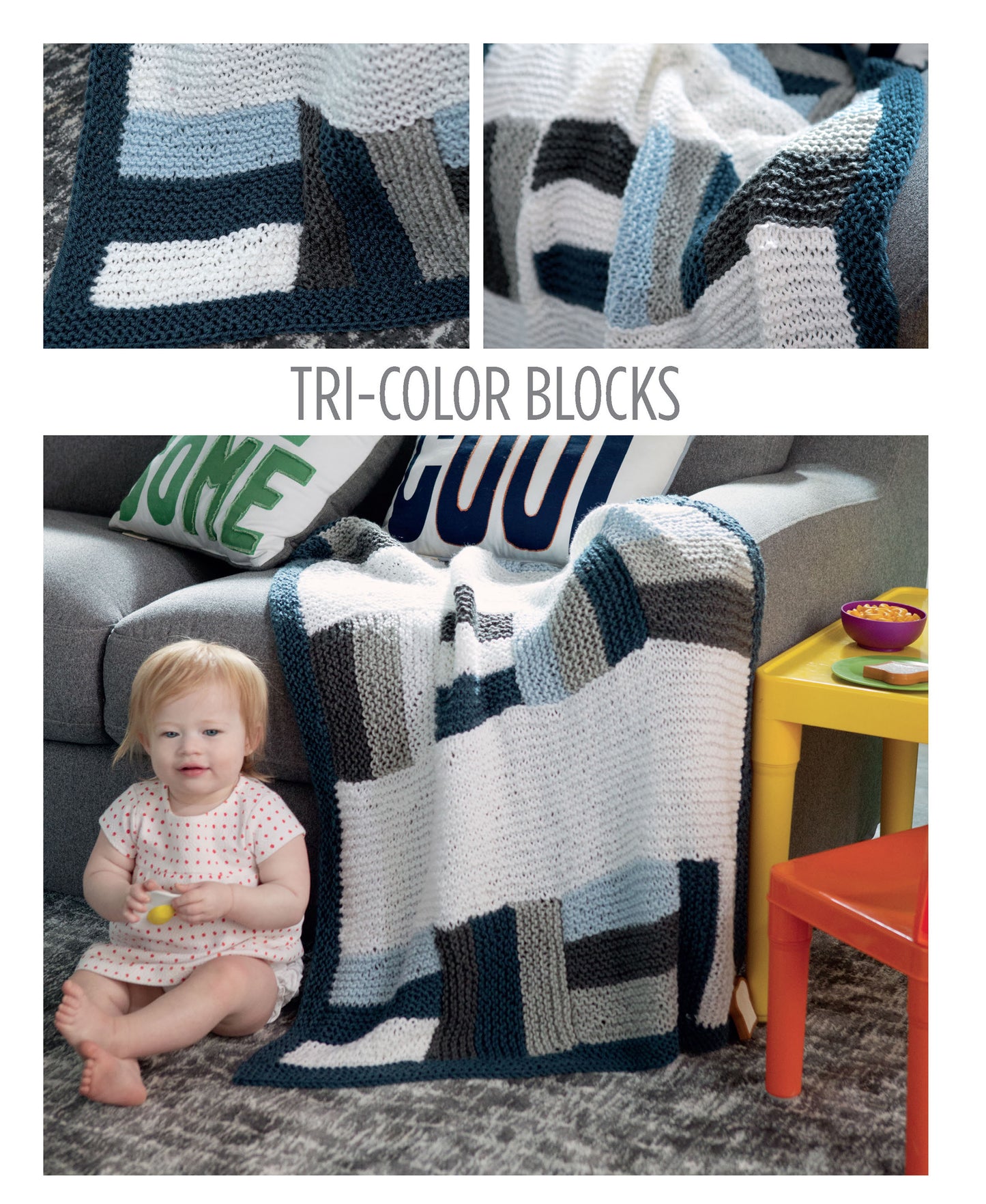A baby sits on a grey carpet next to a Leisure Arts Knit Color Block Blanket in white, navy, and gray blocks draped over a sofa. Decorative pillows, a yellow toy table, and close-ups of the blanket’s pattern are shown nearby.