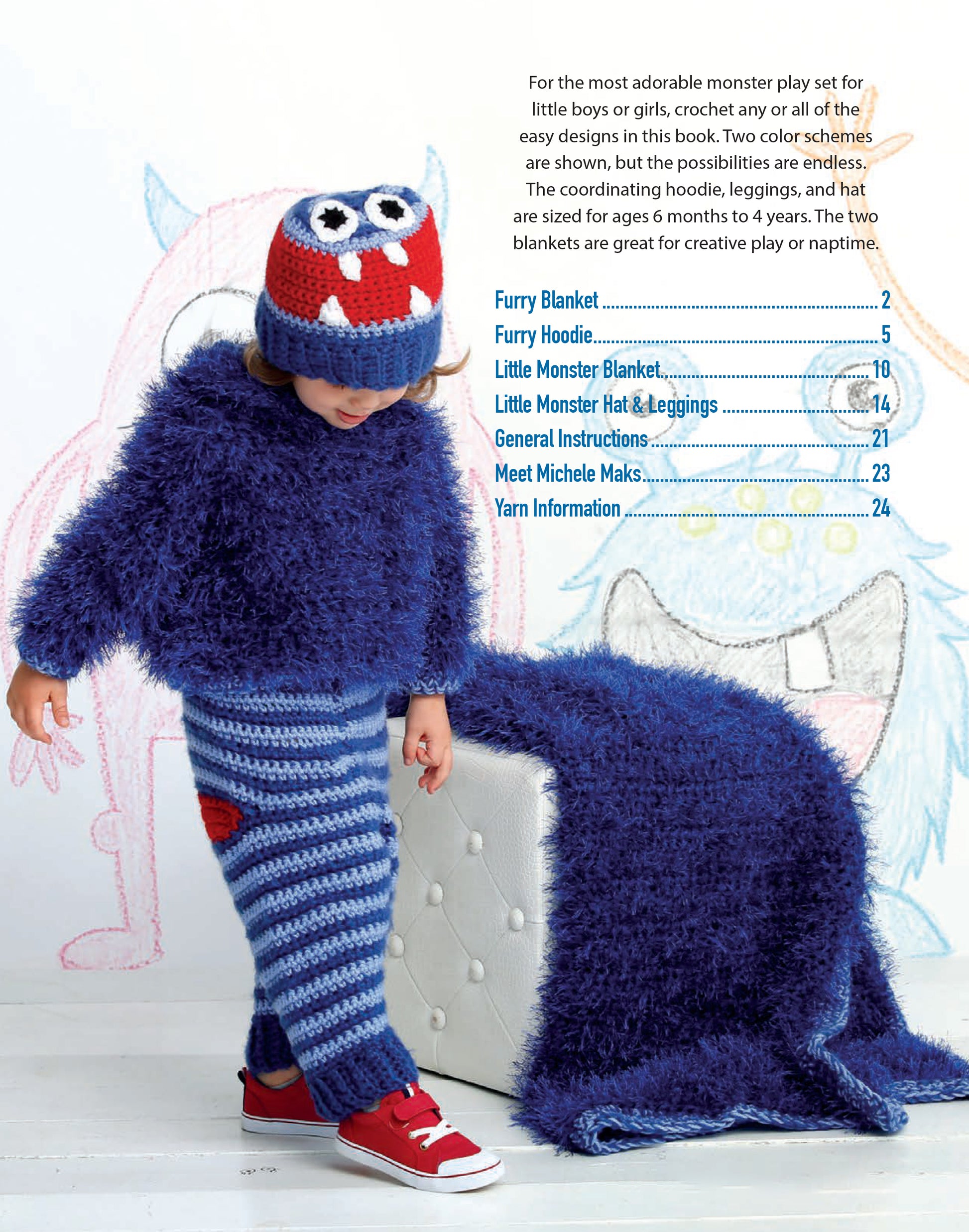 A young child wears a crochet blue monster-themed sweater, striped leggings, and a matching hat from the Monster Playsets by Leisure Arts, standing next to a furry blanket with creative play blankets and monster illustrations in the background.