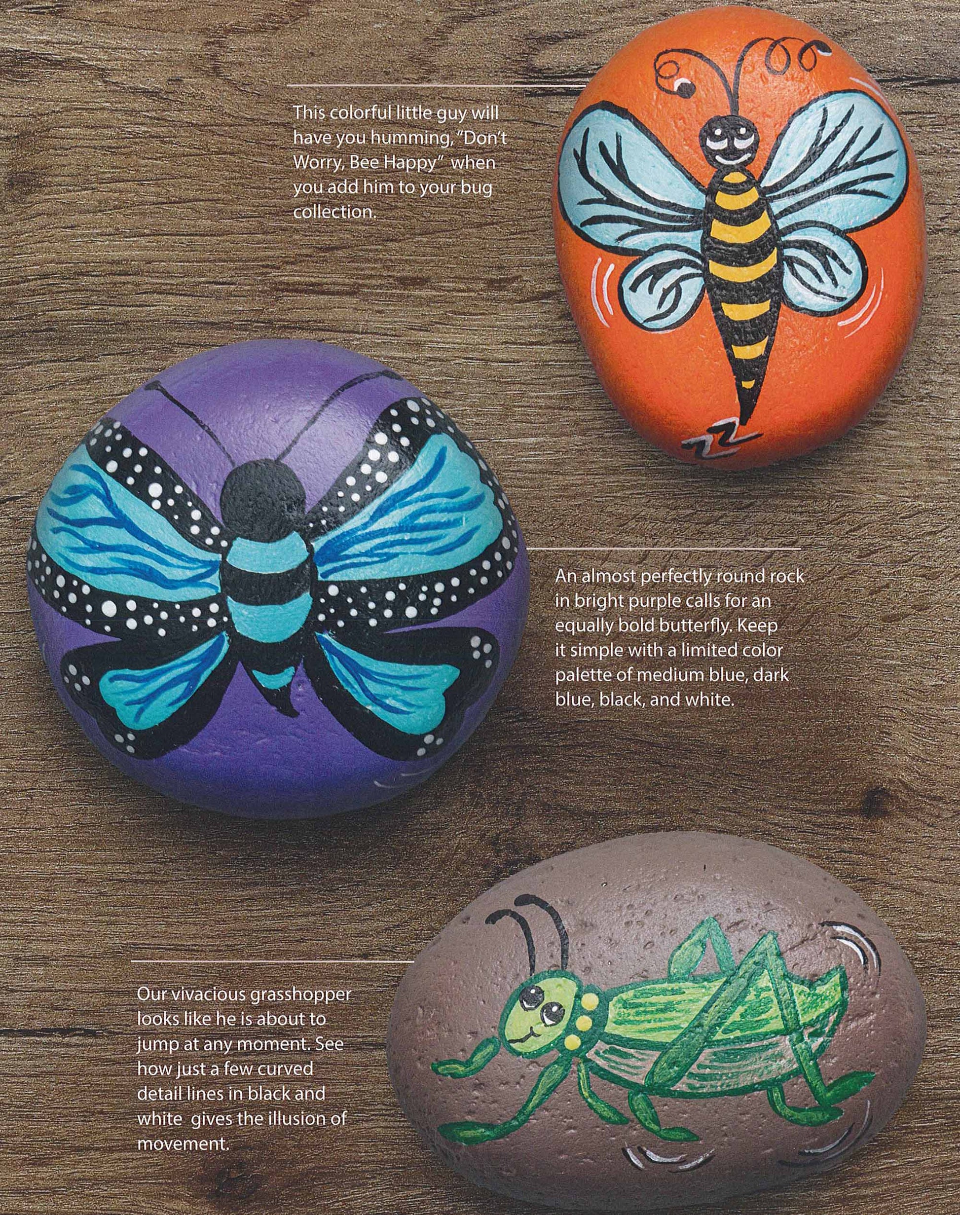 Showcase your creativity with Rock Painting—30 Creative Designs and Inspirational Techniques by Leisure Arts, featuring vibrant designs like bees, butterflies, and grasshoppers painted on rocks using acrylic paint.