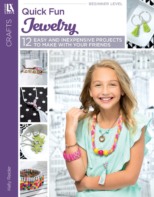 A smiling girl wearing colorful jewelry appears on the cover of Leisure Arts’ Quick Fun Jewelry Digital Download, featuring photos of customizable designs and offering 12 easy projects perfect for beginner jewelry makers.