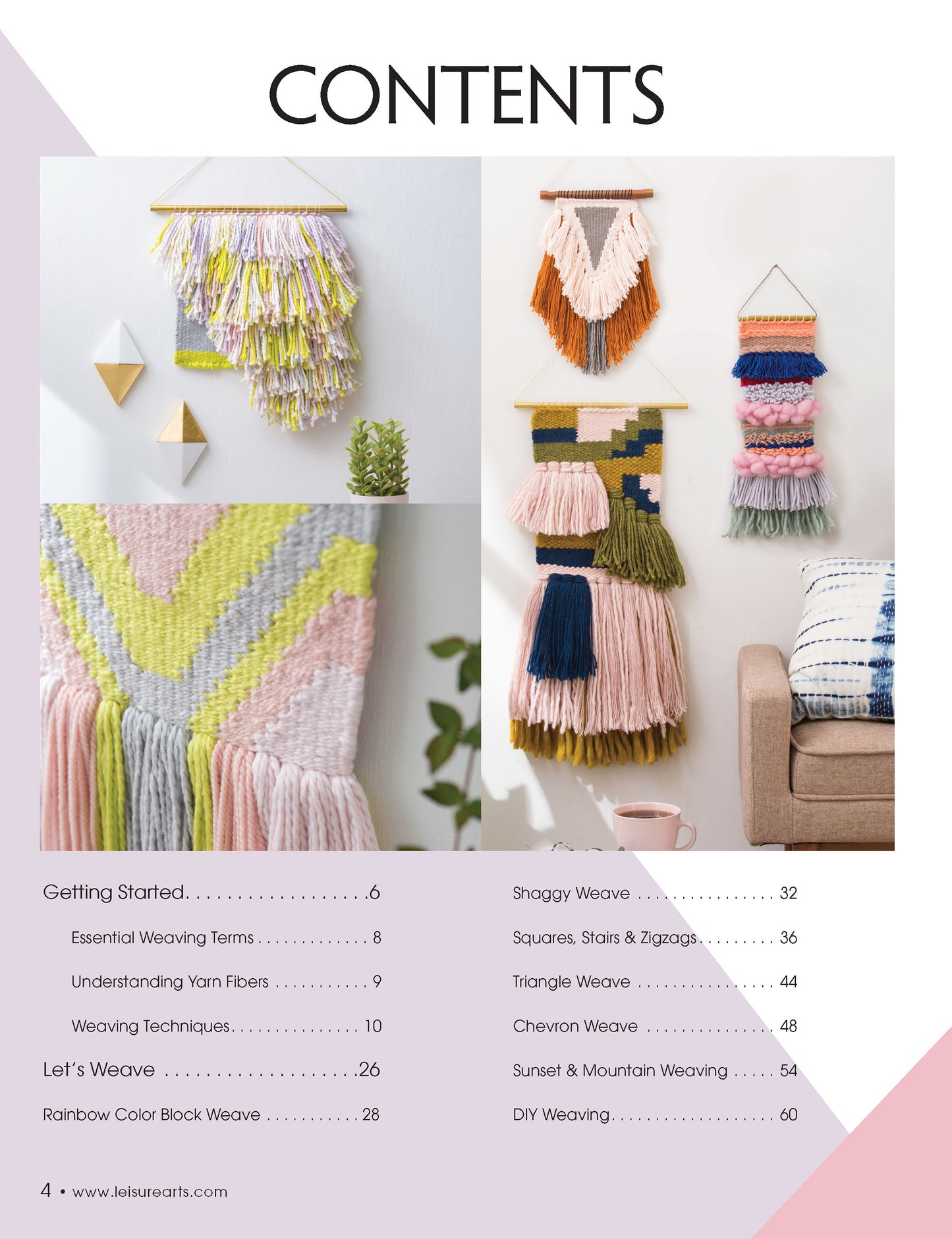 The contents page of Learn to Make Woven Wall Hangings by Leisure Arts showcases colorful woven designs and yarn patterns above a beige sofa with a small plant—ideal inspiration for your next frame loom project.