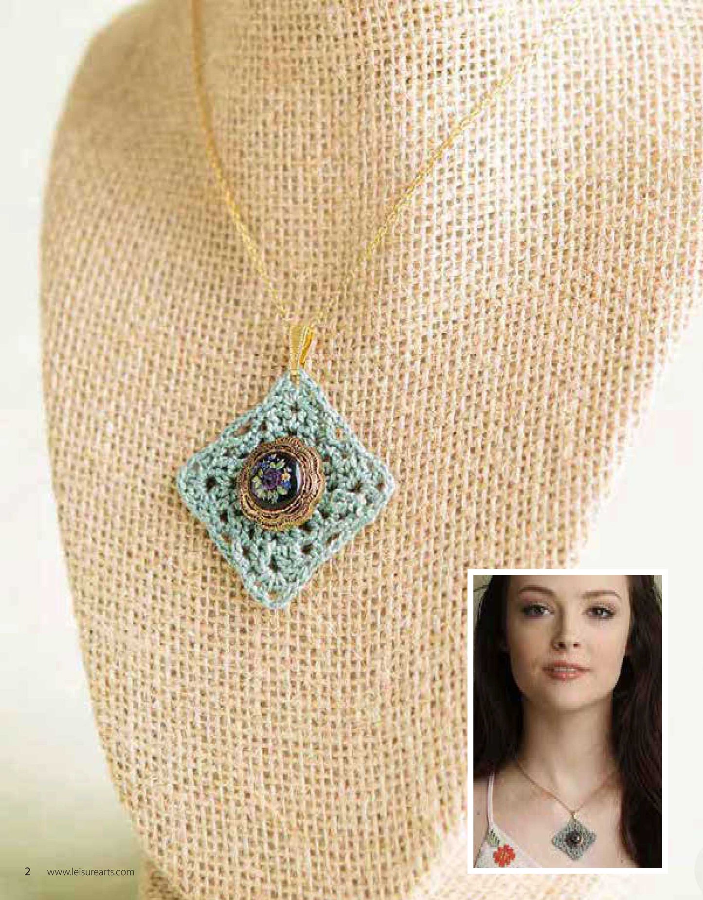 A close-up of a crocheted square pendant from Leisure Arts' Jewelry to Crochet, made with lace weight cotton and a decorative button on a gold chain. Inset: a woman wearing the same piece with a white top.