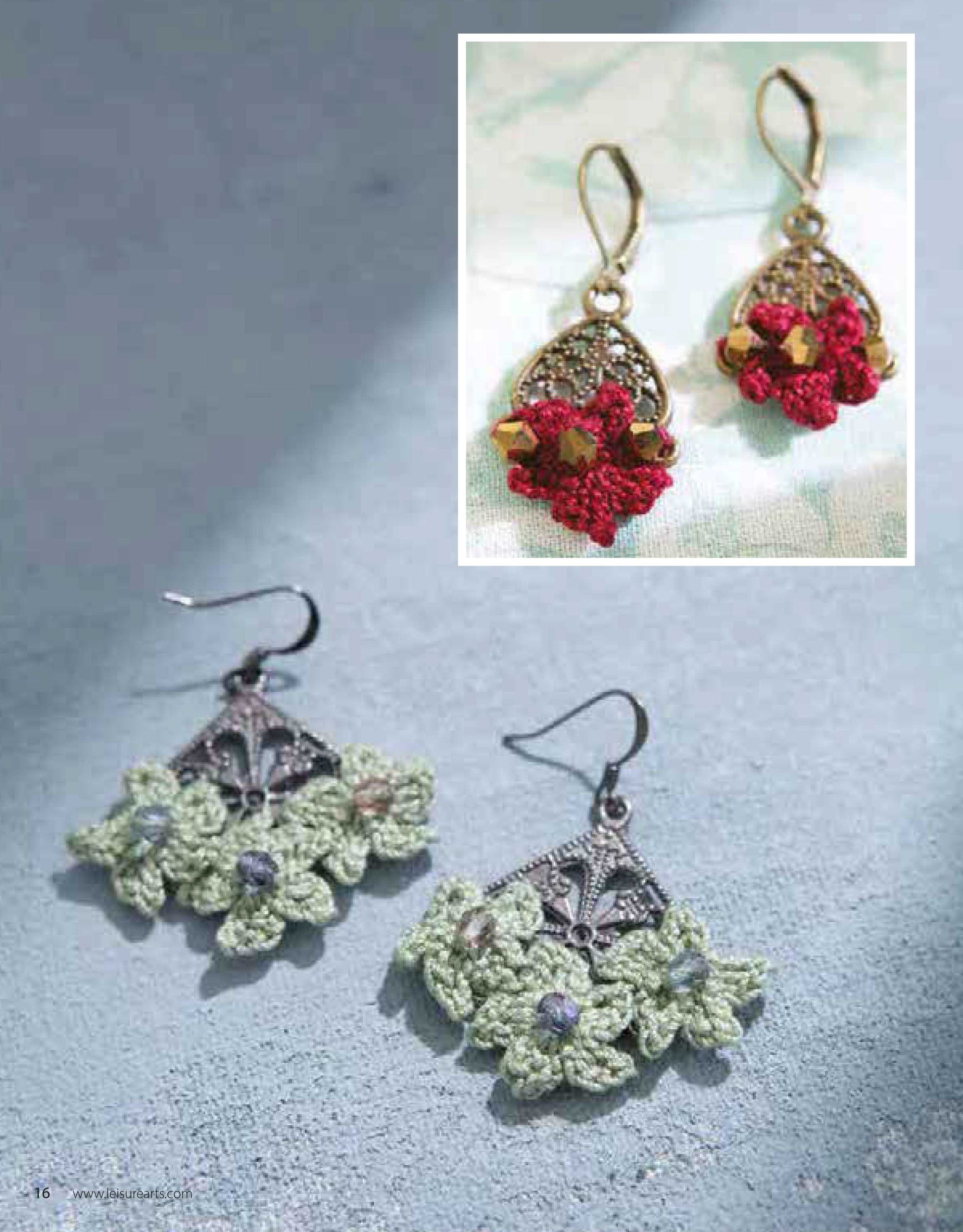Two pairs of handmade earrings from "Jewelry to Crochet" by Leisure Arts are shown: one pair with red and gold floral beadwork, the other with green lace weight crochet cotton flowers and silver accents. Both have fishhook ear wires.