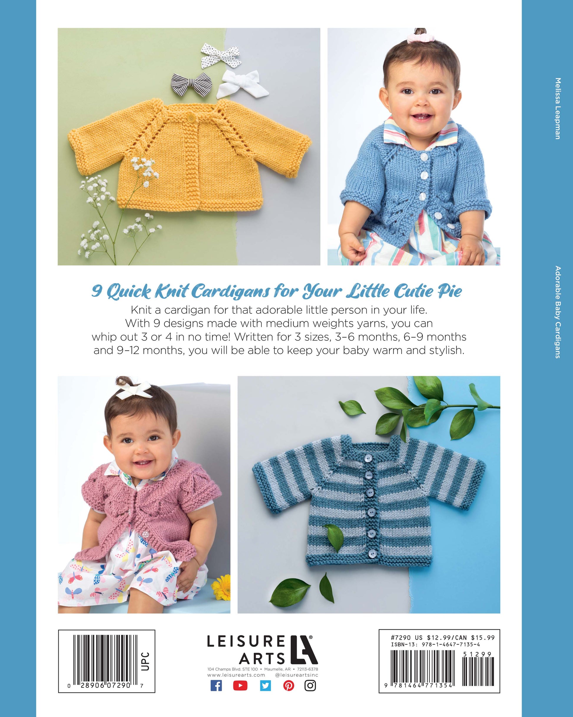 Back cover of "Adorable Baby Cardigans" by Leisure Arts, showing three babies in hand-knit blue, pink, and blue-striped cardigans made with worsted weight yarn; book title and pattern details appear above them.